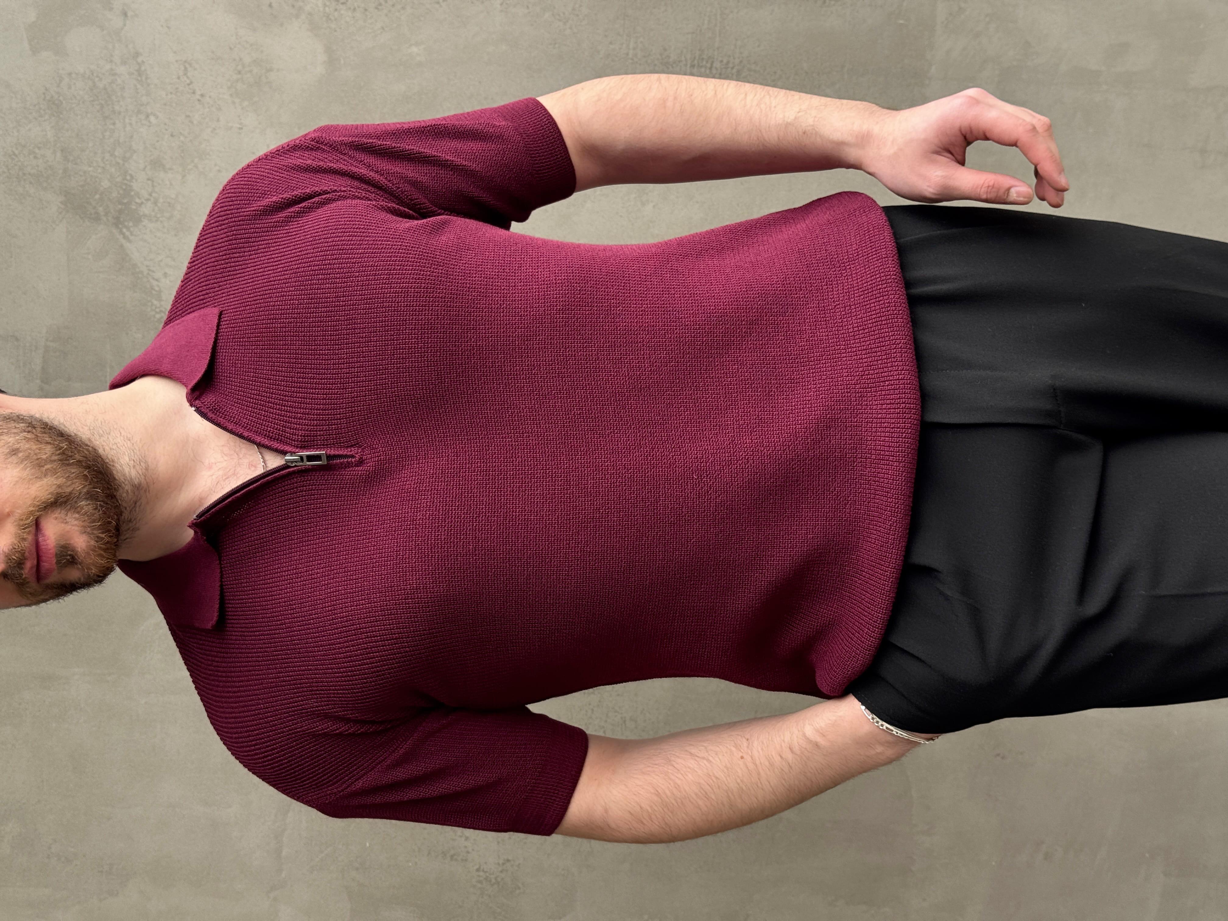 Erkek Yüksek Kalite Oversize Kalıp Fermuar Detaylı Polo Yaka Triko T-Shirt-Bordo(E1610)