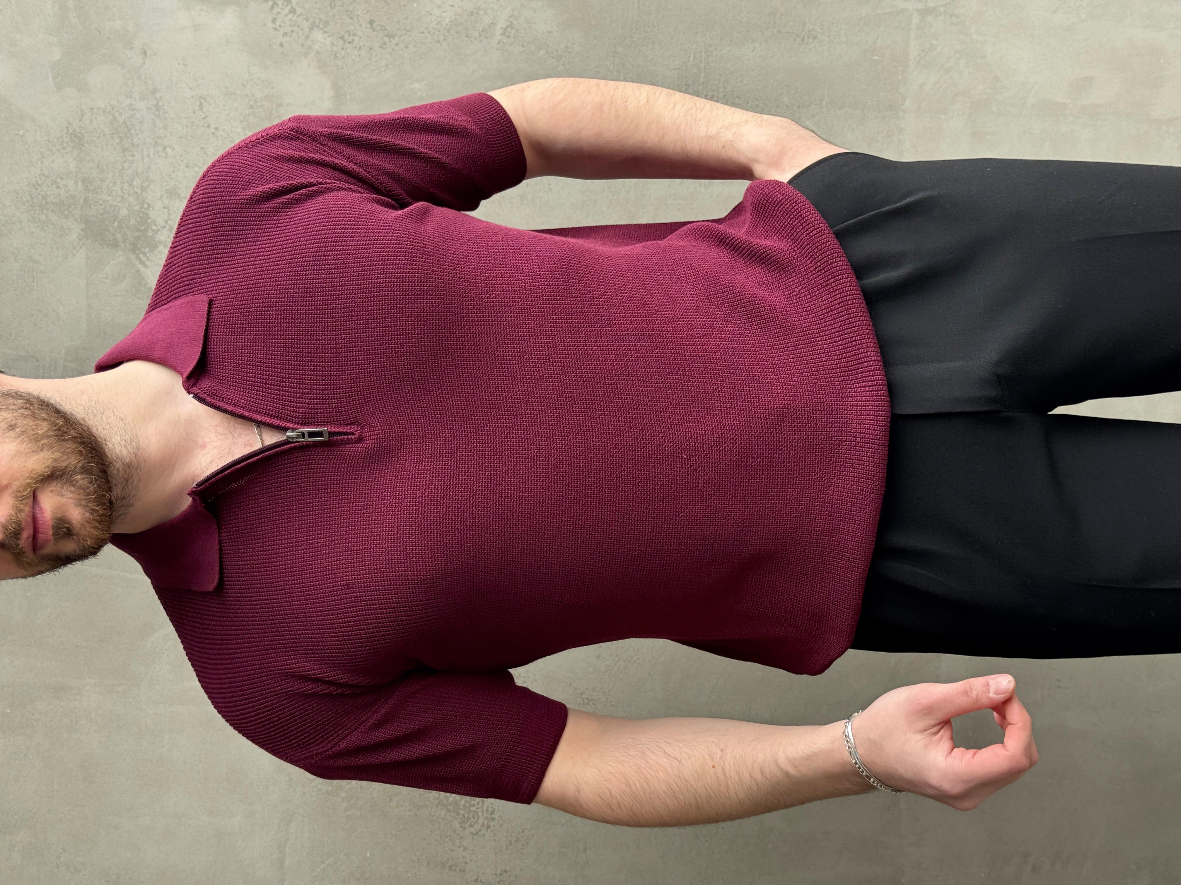 Erkek Yüksek Kalite Oversize Kalıp Fermuar Detaylı Polo Yaka Triko T-Shirt-Bordo(E1610)