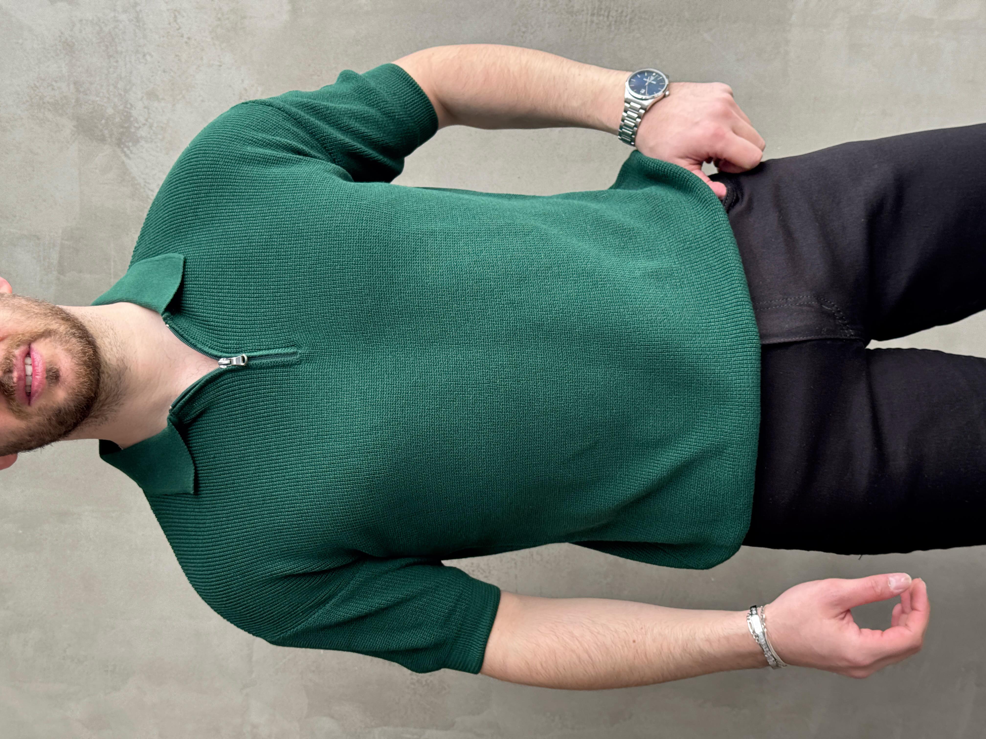 Erkek Yüksek Kalite Oversize Kalıp Fermuar Detaylı Polo Yaka Triko T-Shirt-Yeşil(E1610)