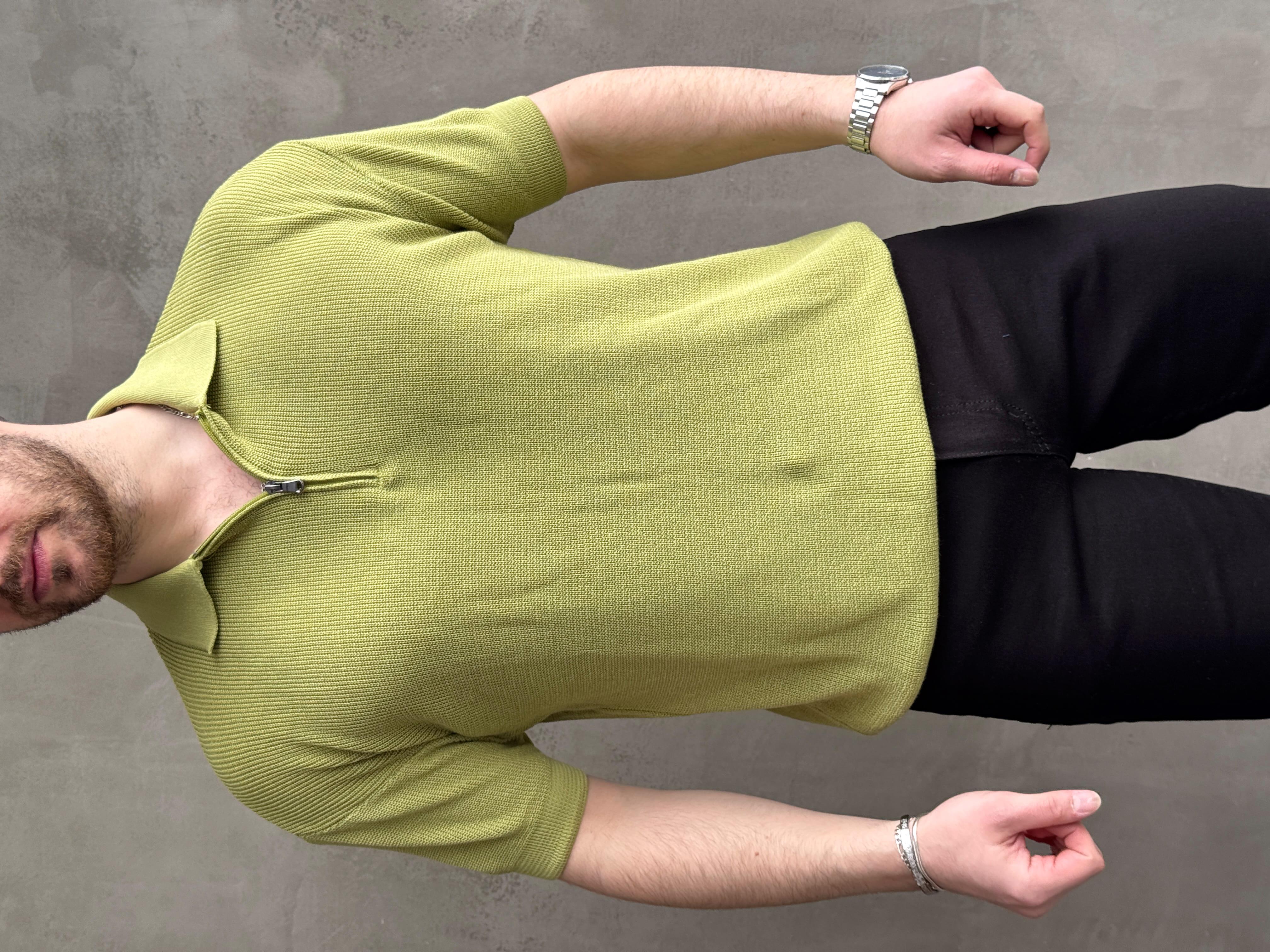 Erkek Yüksek Kalite Oversize Kalıp Fermuar Detaylı Polo Yaka Triko T-Shirt-Mint(E1610)