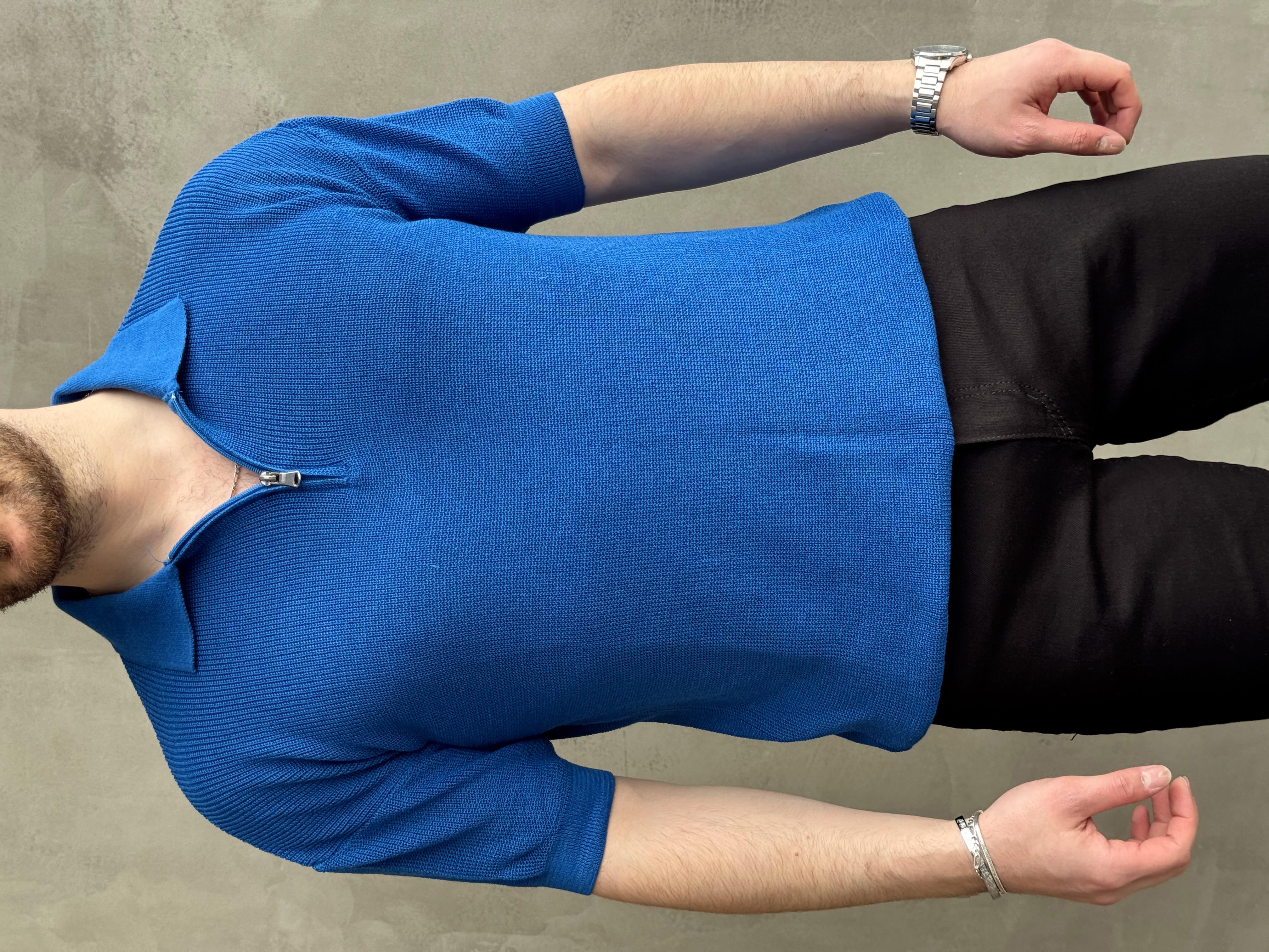 Erkek Yüksek Kalite Oversize Kalıp Fermuar Detaylı Polo Yaka Triko T-Shirt-Sax(E1610)