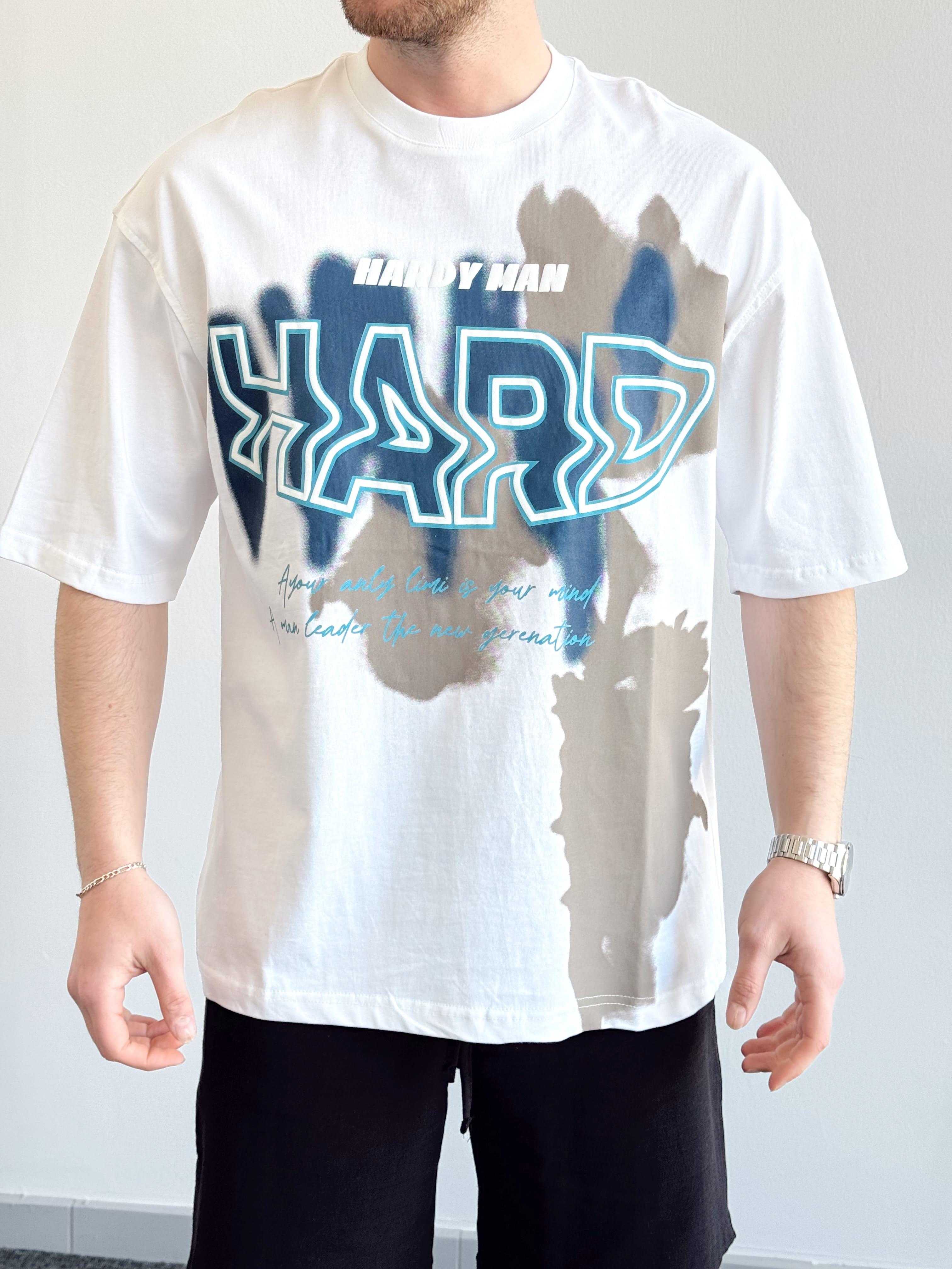 Erkek Yüksek Kalite Oversize Kalıp Hard Man Baskı Detay T-Shirt-Beyaz(E1369)