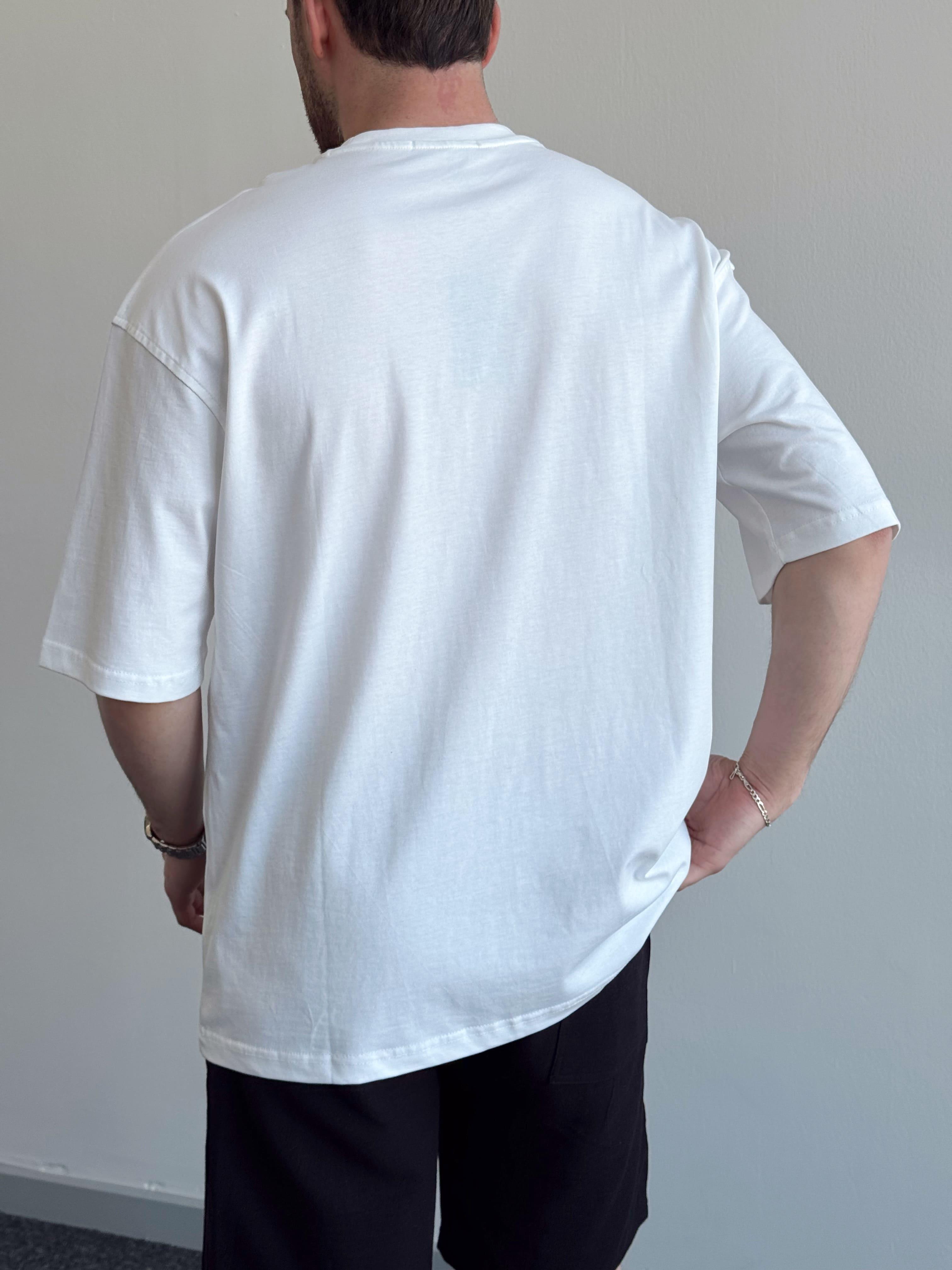 Erkek Yüksek Kalite Oversize Kalıp Hard Man Baskı Detay T-Shirt-Beyaz(E1369)