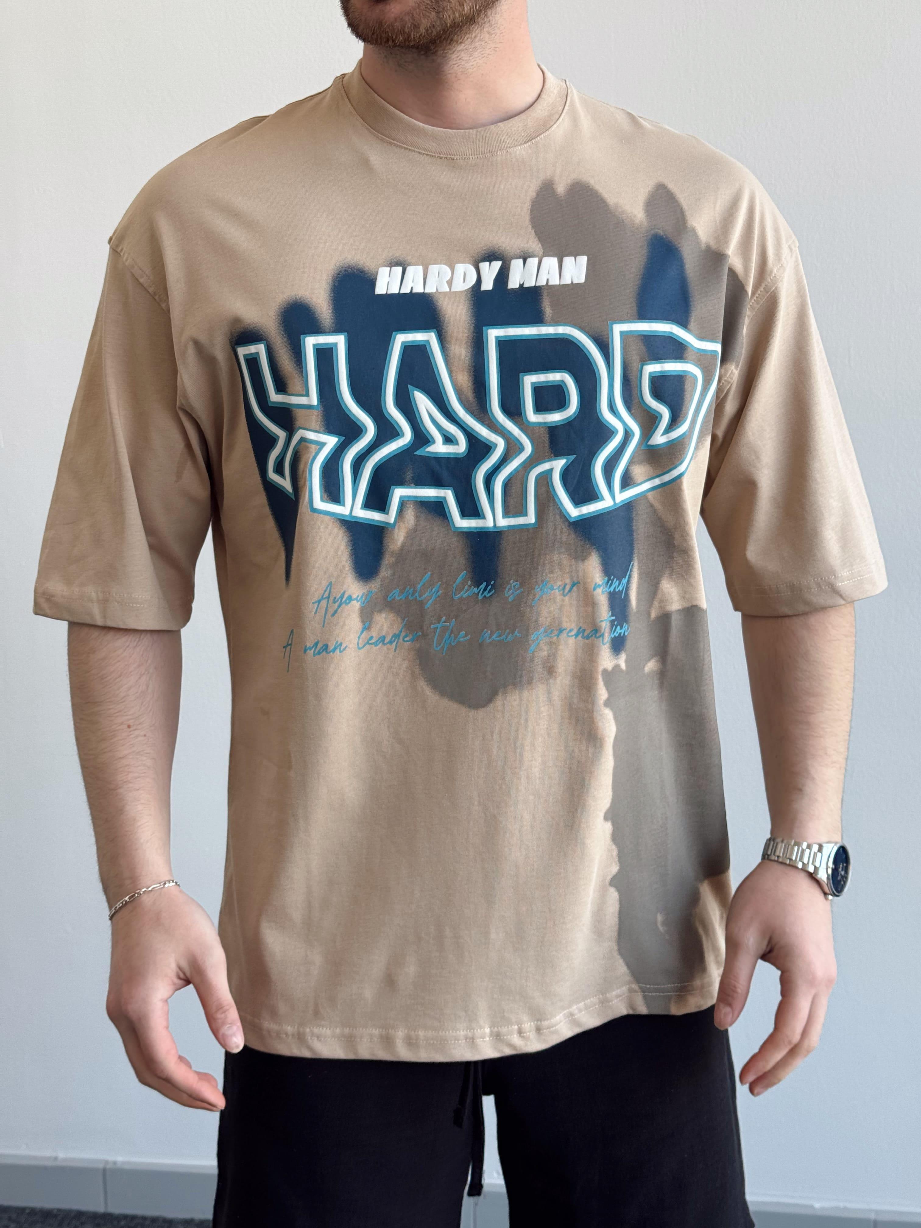 Erkek Yüksek Kalite Oversize Kalıp Hard Man Baskı Detay T-Shirt-Bej(E1369)Ketench