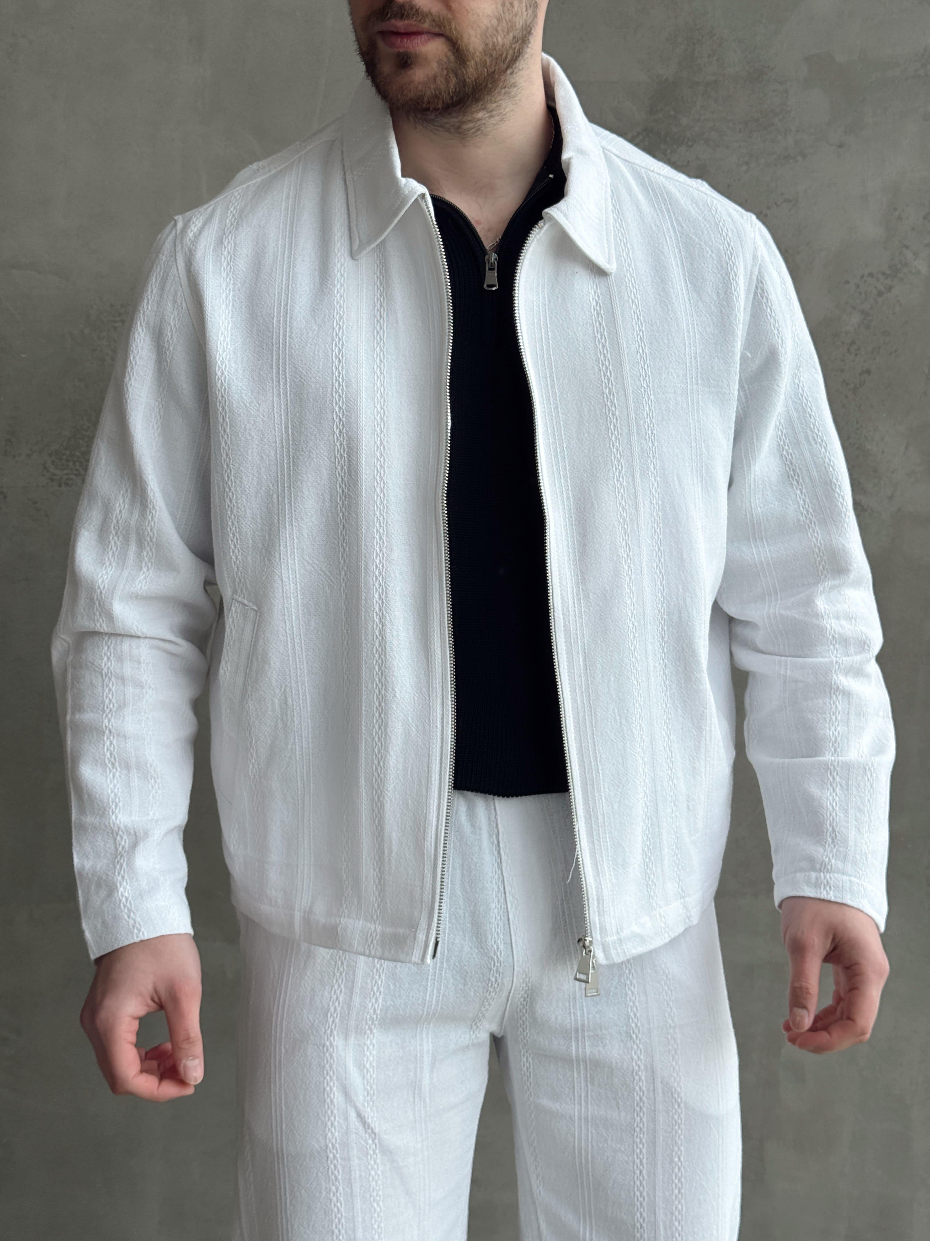 Erkek Yüksek Kalite Oversize Kalıp İçi Astarlı Halat Desenli Yazlık Keten Ceket-Beyaz(E1624)