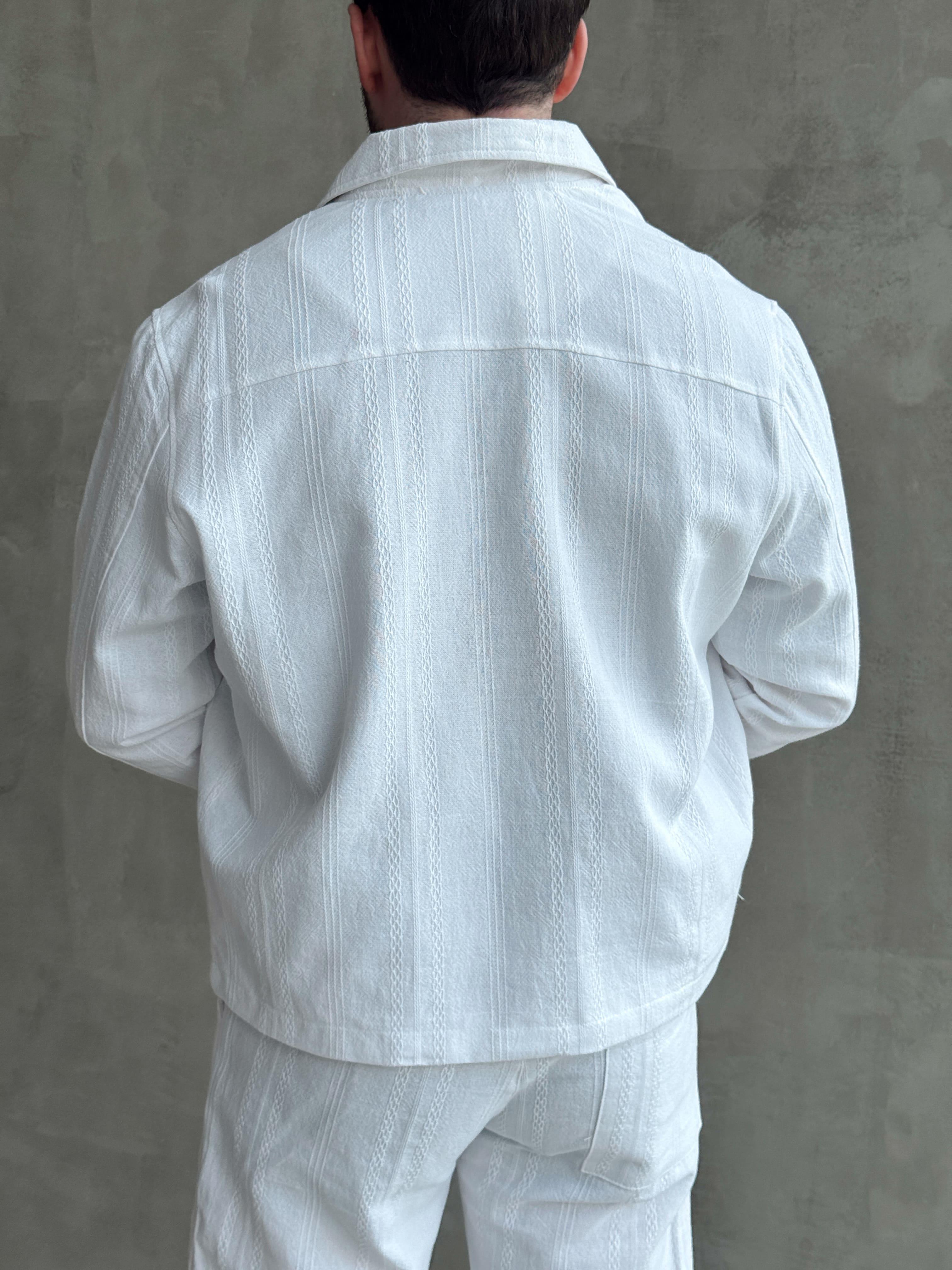 Erkek Yüksek Kalite Oversize Kalıp İçi Astarlı Halat Desenli Yazlık Keten Ceket-Beyaz(E1624)