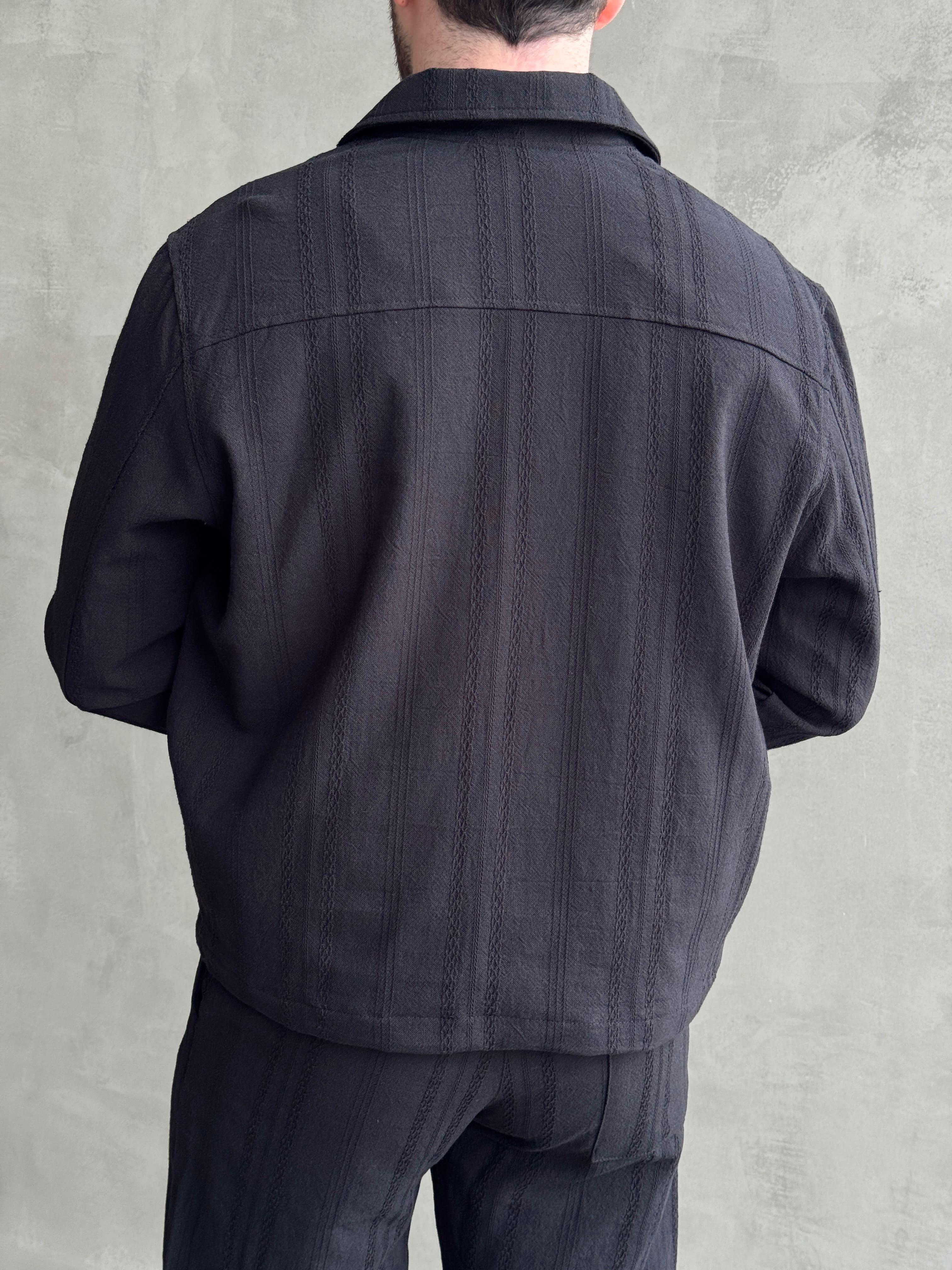 Erkek Yüksek Kalite Oversize Kalıp İçi Astarlı Halat Desenli Yazlık Keten Ceket-Siyah(E1624)