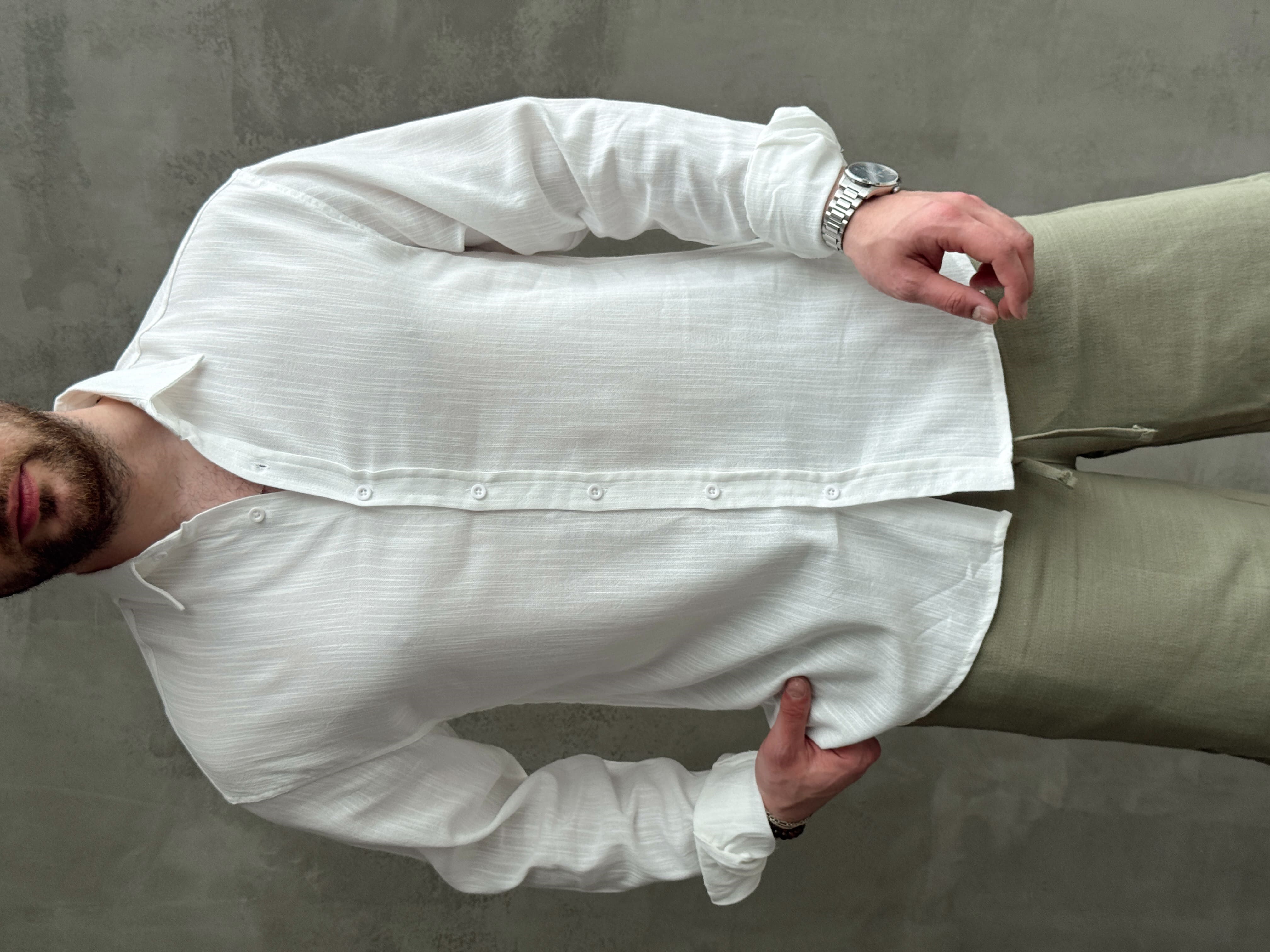 Erkek Yüksek Kalite Oversize Kalıp Keten Kumaş Gömlek-Beyaz(E1675)Ketench
