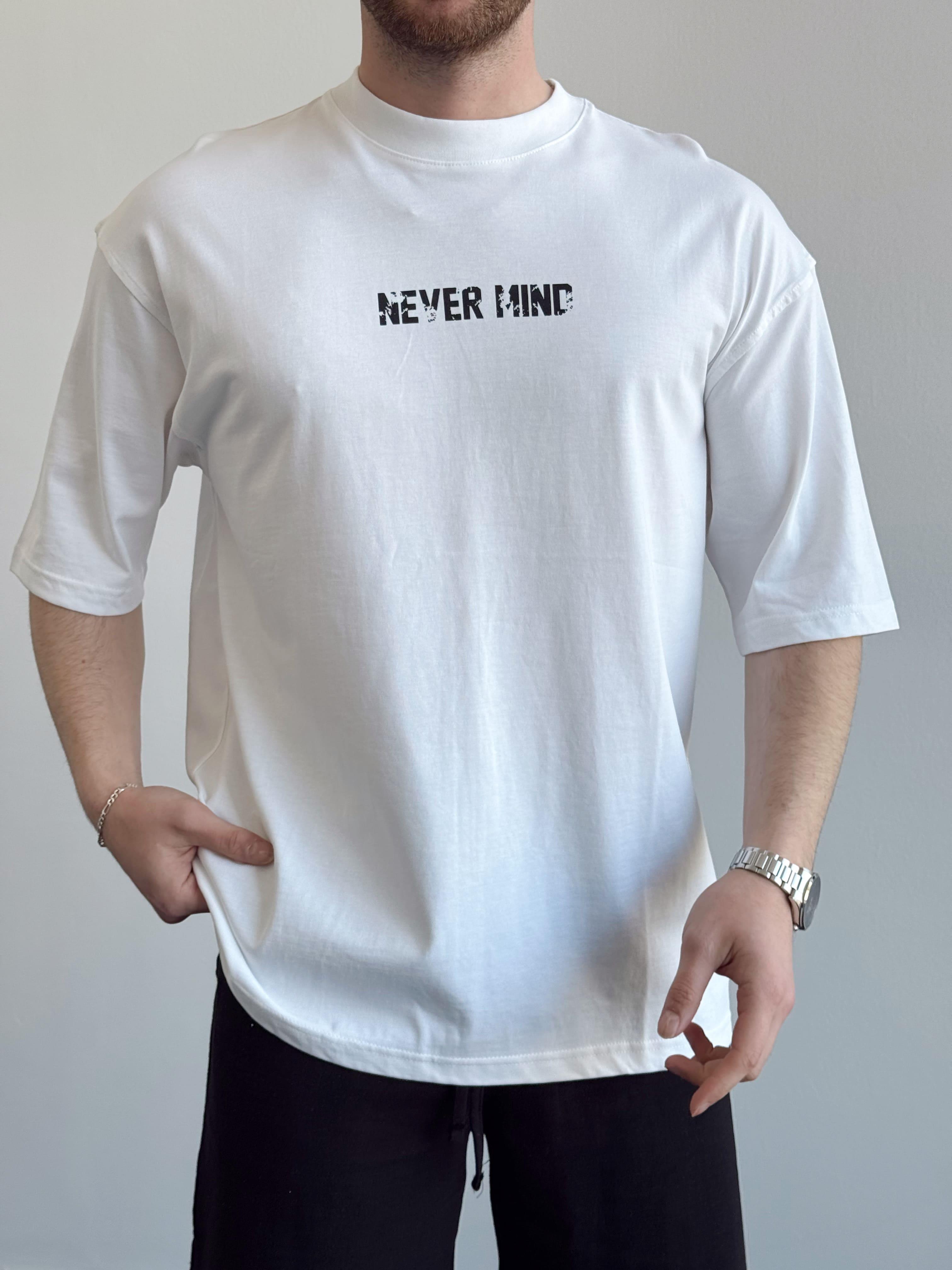 Erkek Yüksek Kalite Oversize Kalıp Never Mint Baskı Detay T-Shirt-Beyaz(E1372)
