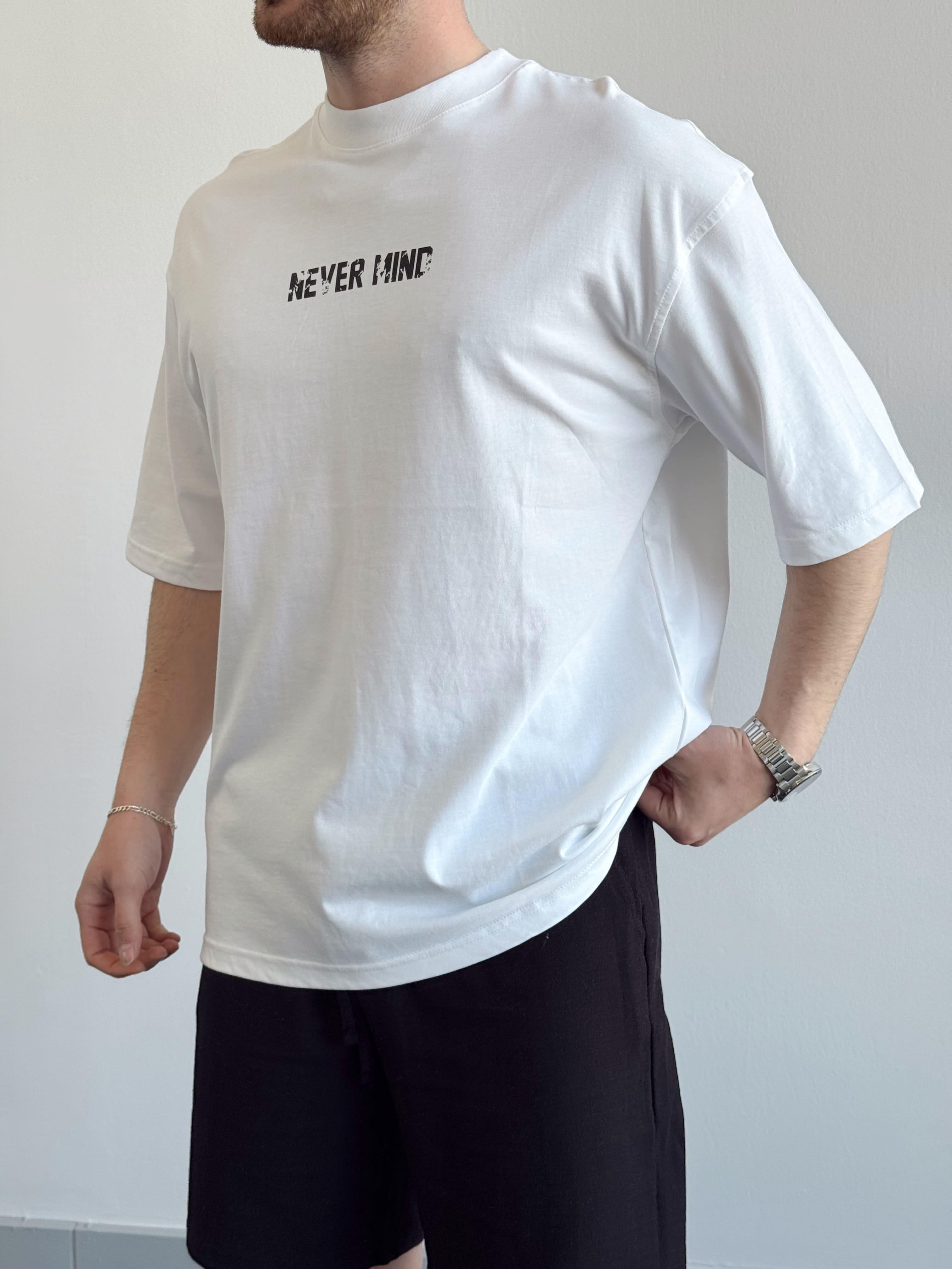 Erkek Yüksek Kalite Oversize Kalıp Never Mint Baskı Detay T-Shirt-Beyaz(E1372)