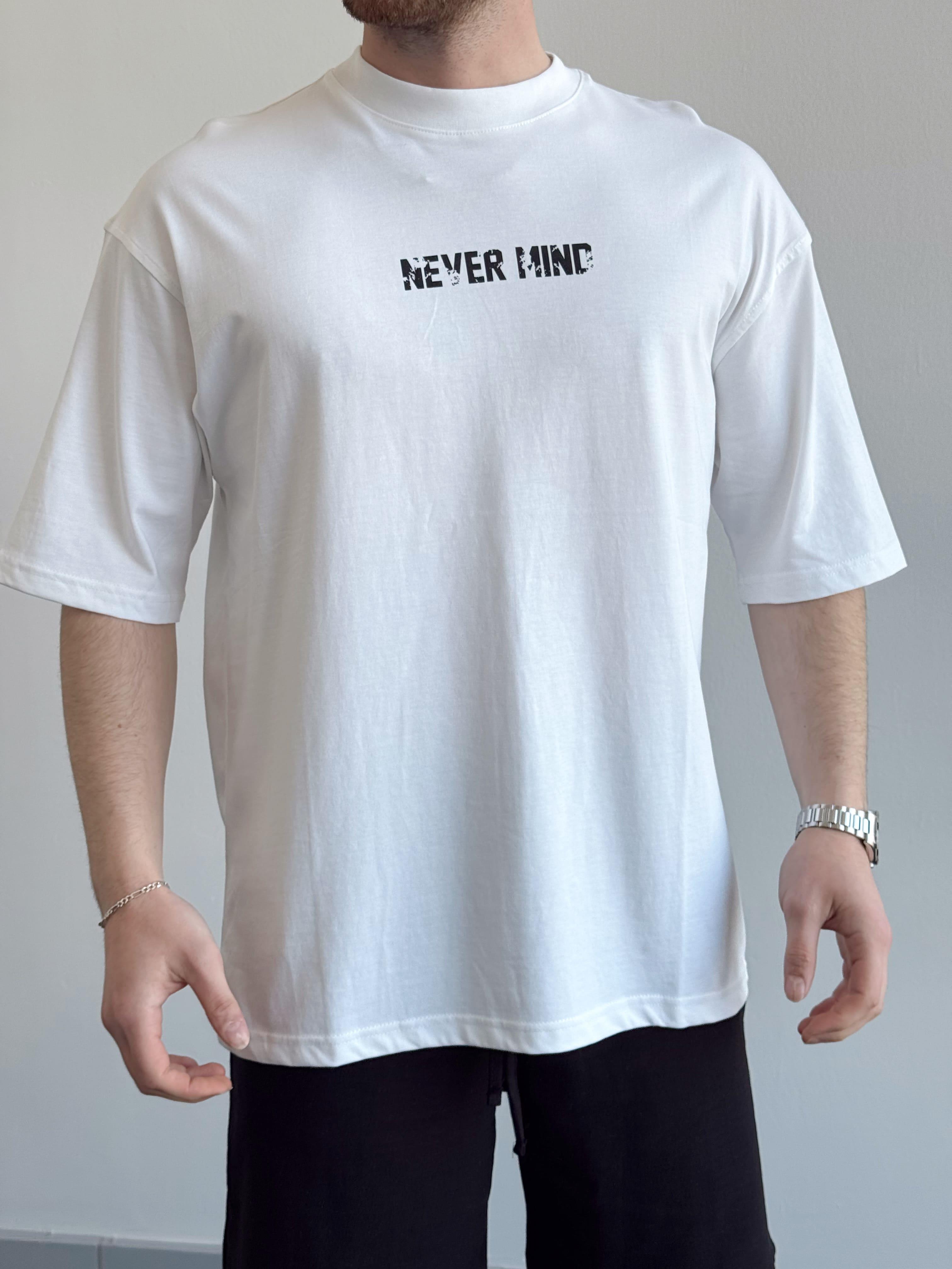 Erkek Yüksek Kalite Oversize Kalıp Never Mint Baskı Detay T-Shirt-Beyaz(E1372)