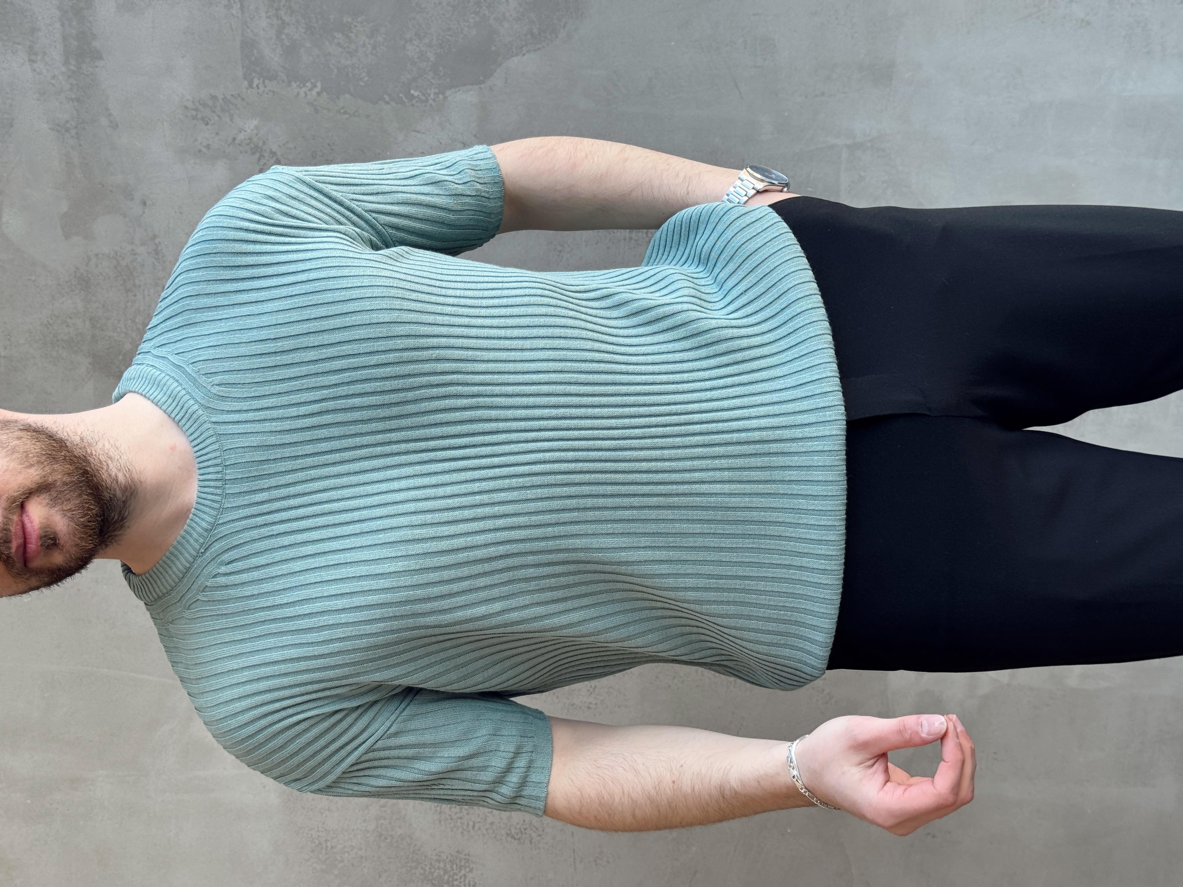 Erkek Yüksek Kalite Oversize Kalıp Şerit Detaylı Bisiklet Yaka Triko T-Shirt-Haki(E1654)