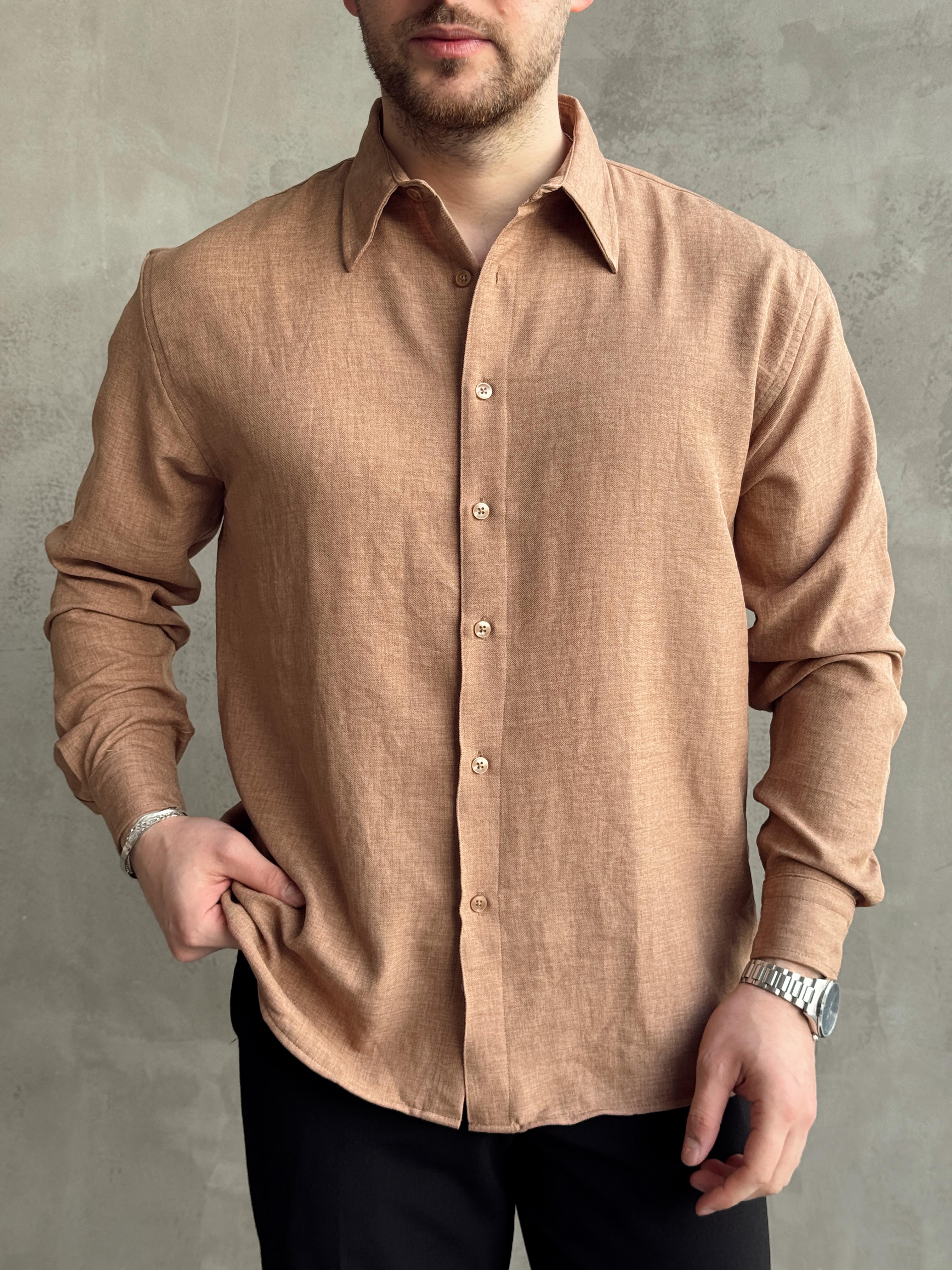 Erkek Yüksek Kalite Oversize Kalıp Ütü İstemeyen Oversize Kalıp Gömlek-Kahverengi(E1604)Ketench
