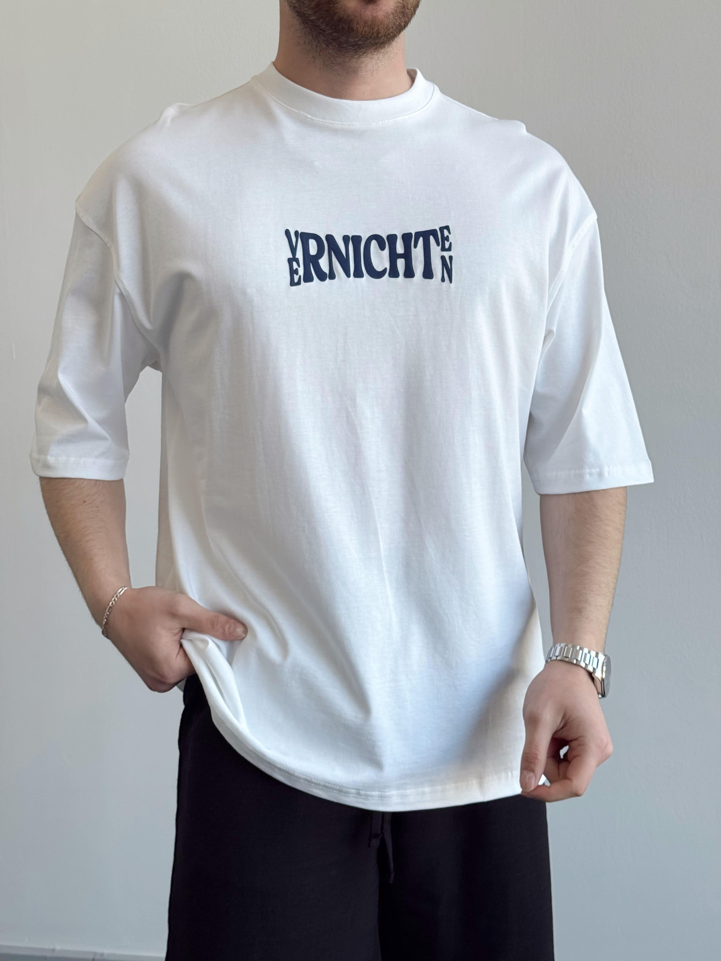 Erkek Yüksek Kalite Oversize Kalıp Varnichten Baskı Detay T-Shirt-Beyaz(E1368)