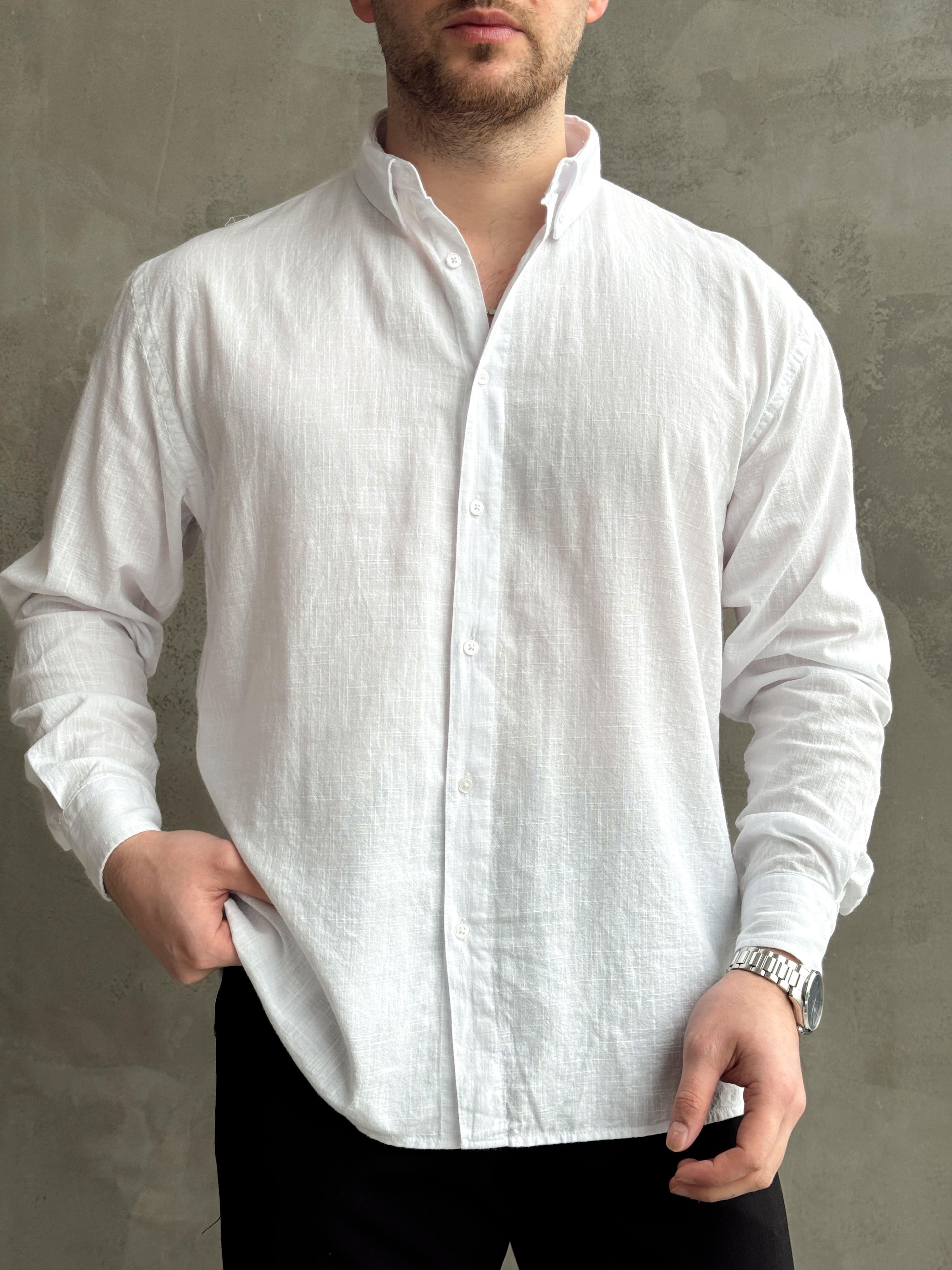 Erkek Yüksek Kalite Oversize Kalıp Yaka Düğme Detaylı %100 Pamuk Oxford Gömlek-Beyaz(E1605)Ketench