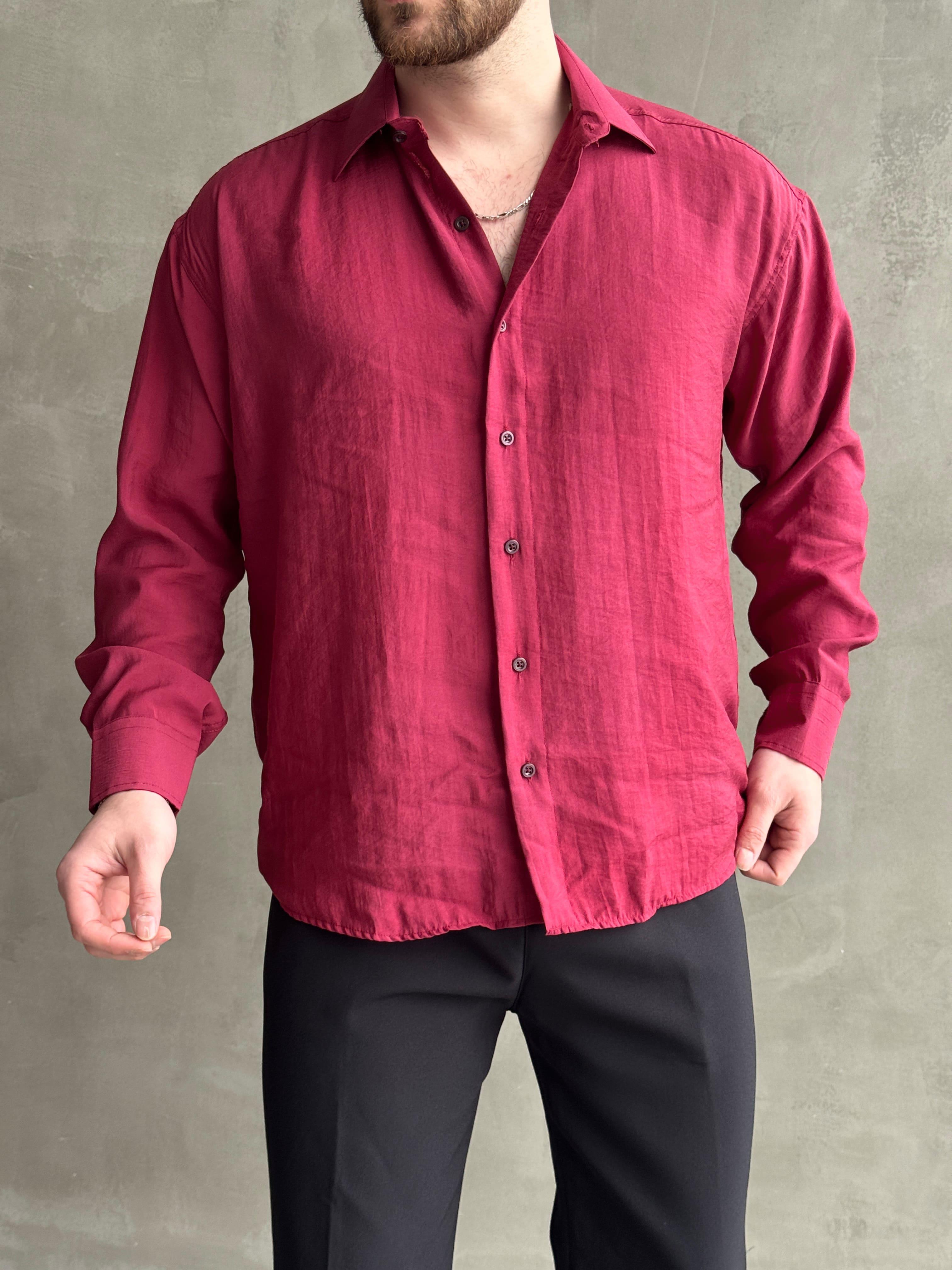 Erkek Yüksek Kalite Özel İstek İle Satışa Sunuldu Oversize Kalıp Modal Kumaş Yazlık Gömlek-Bordo(E1594)