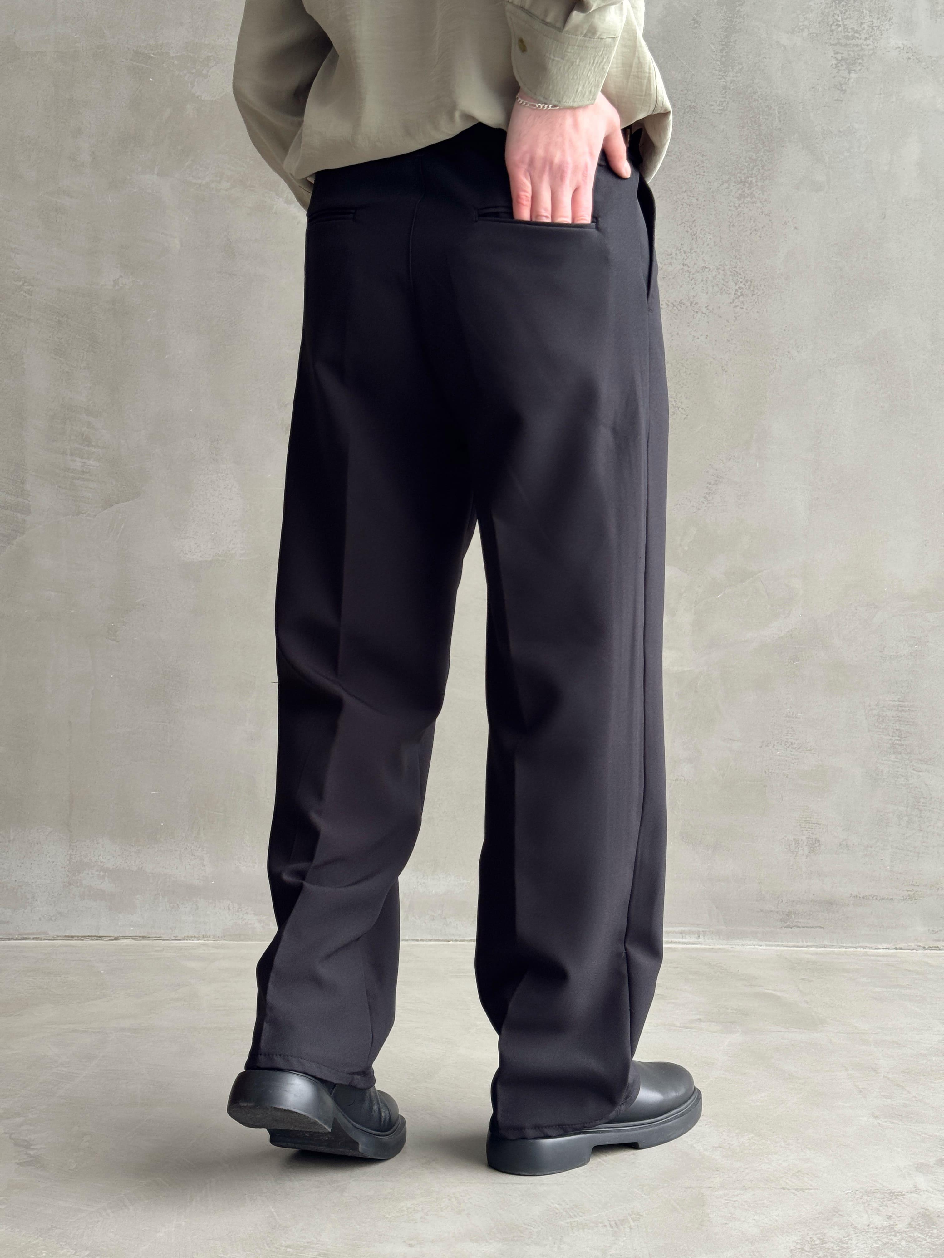 Erkek Yüksek Kalite Pile Detaylı Kopçalı Beli Lastikli Extra Baggy Kumaş Pantolon-Siyah(E1593)