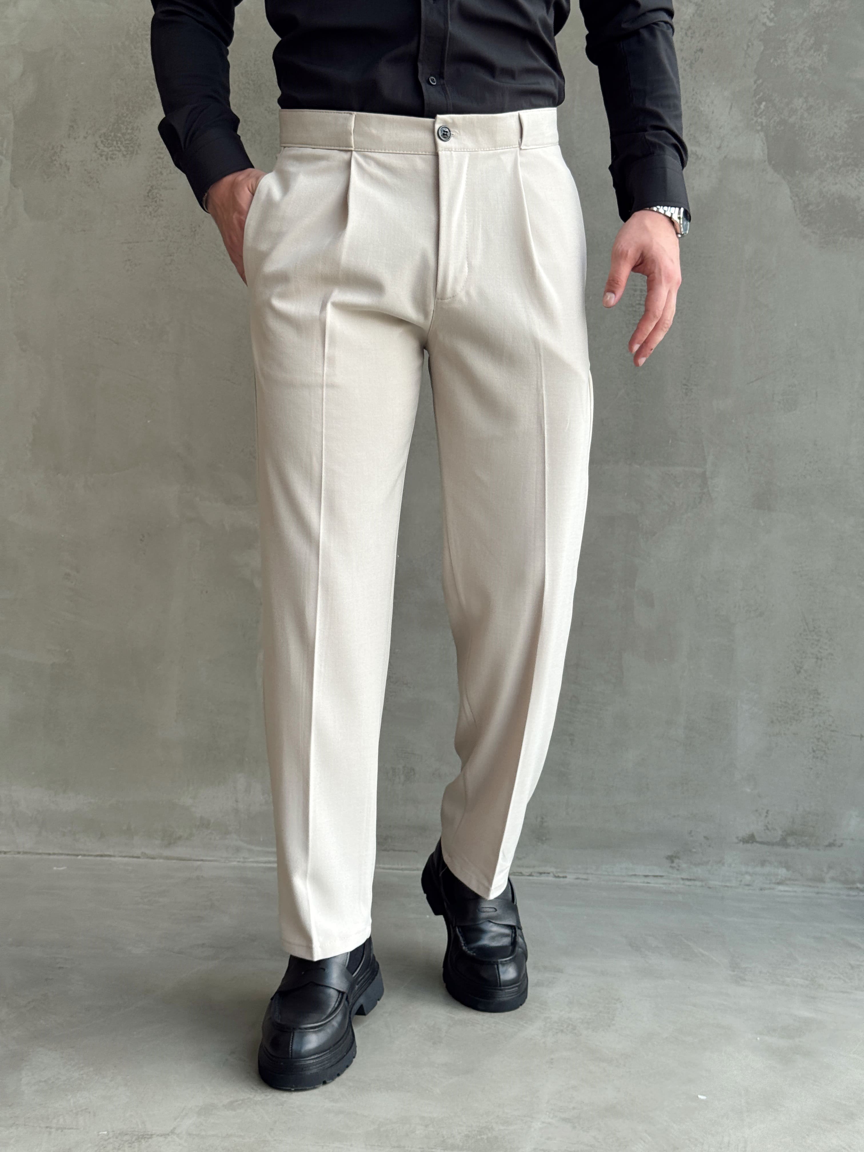 Erkek Zamansız Model Gizli Kemer Detay Baggy Kalıp Kumaş Pantolon-Bej(E1771)Ketench