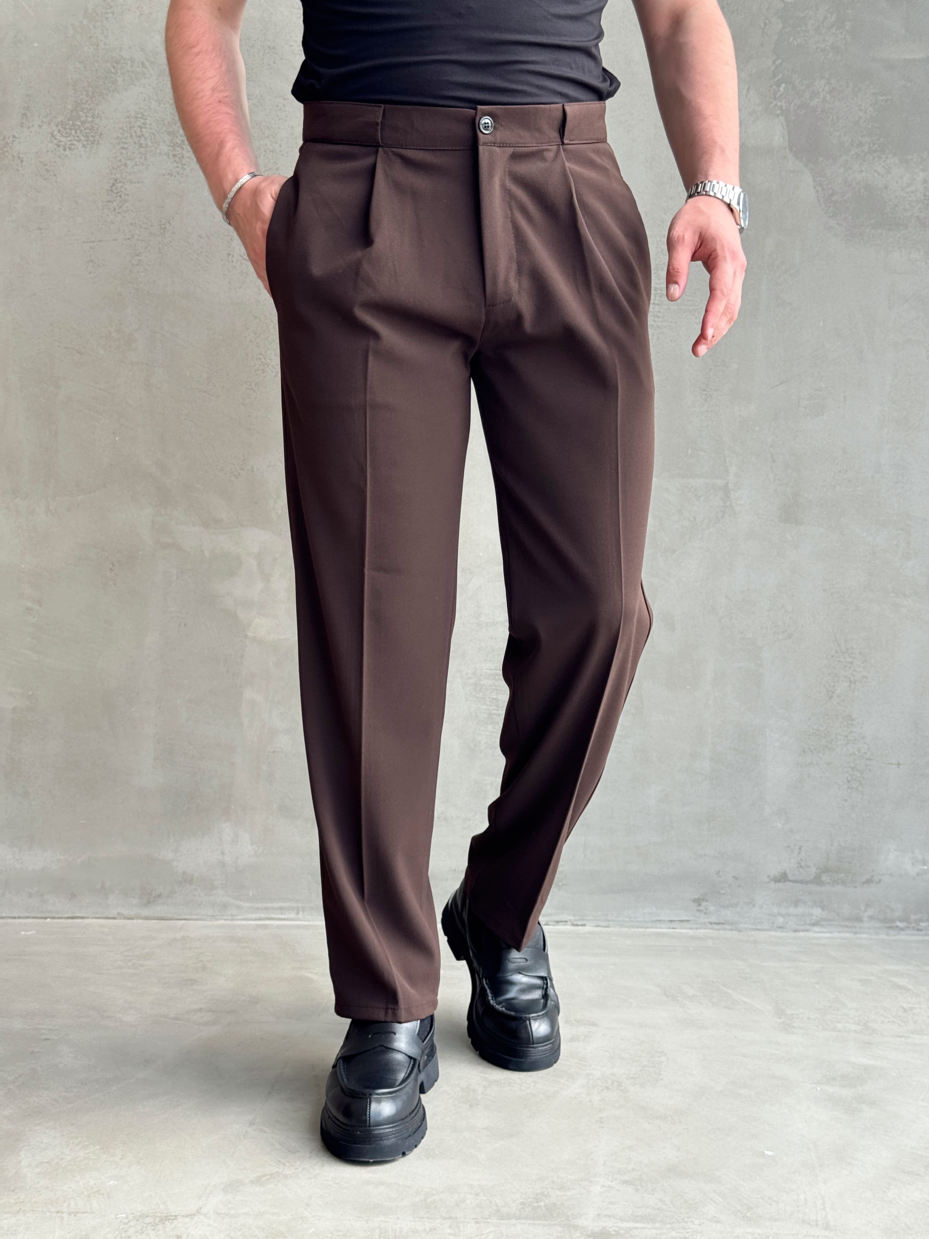 Erkek Zamansız Model Gizli Kemer Detay Baggy Kalıp Kumaş Pantolon-Kahverengi(E1771)Ketench
