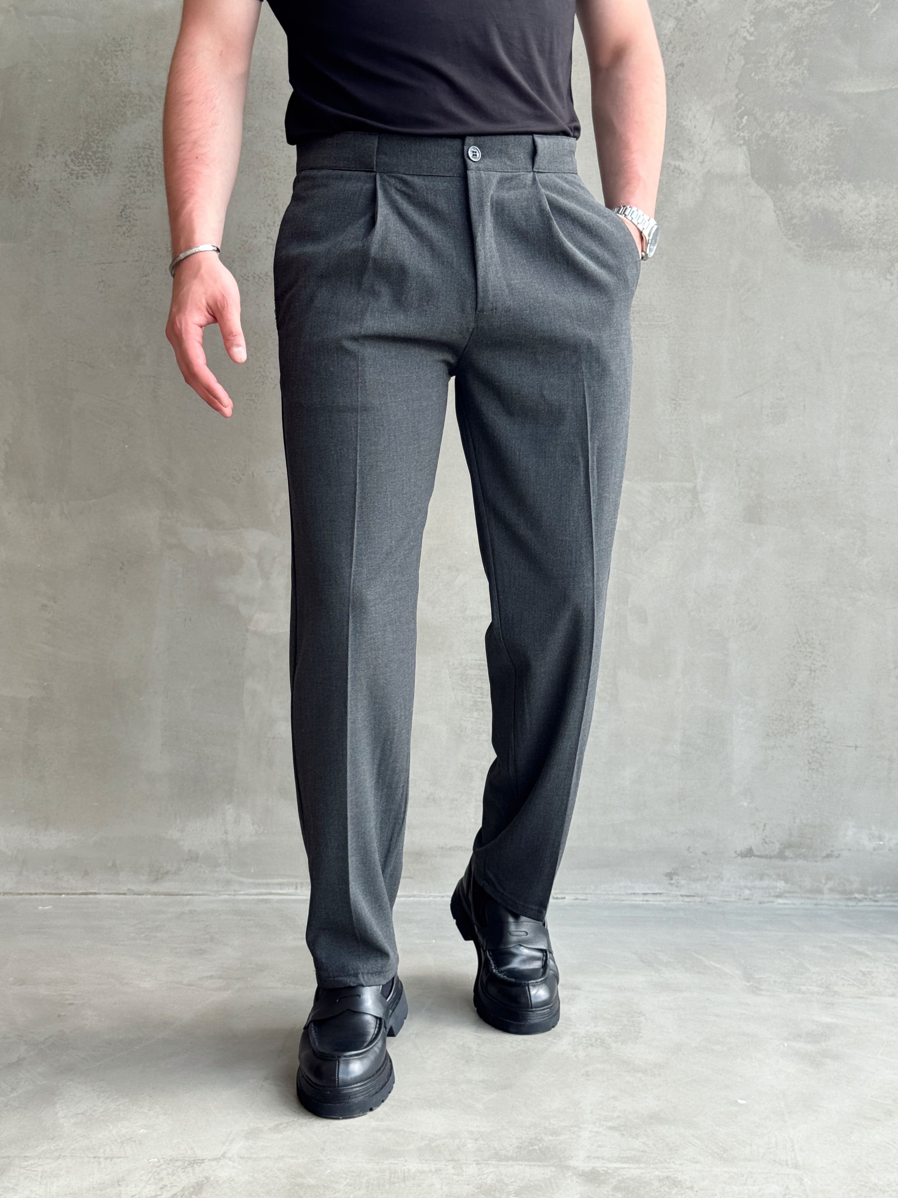Erkek Zamansız Model Gizli Kemer Detay Baggy Kalıp Kumaş Pantolon-Füme(E1771)Ketench