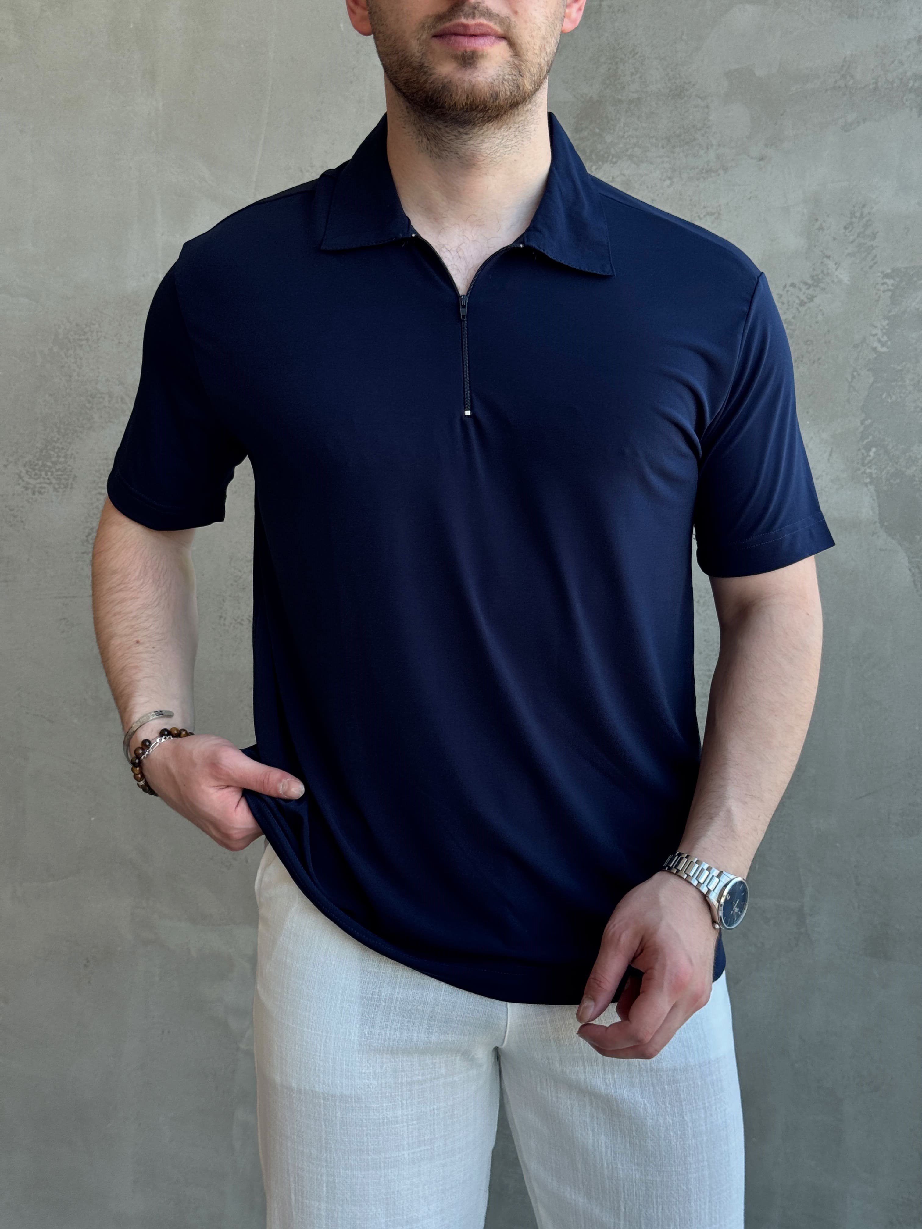 Erkek Zamansız Model Oversize Kalıp Fermuar Detaylı Polo Yaka T-Shirt-Lacivert(E1744)Ketench