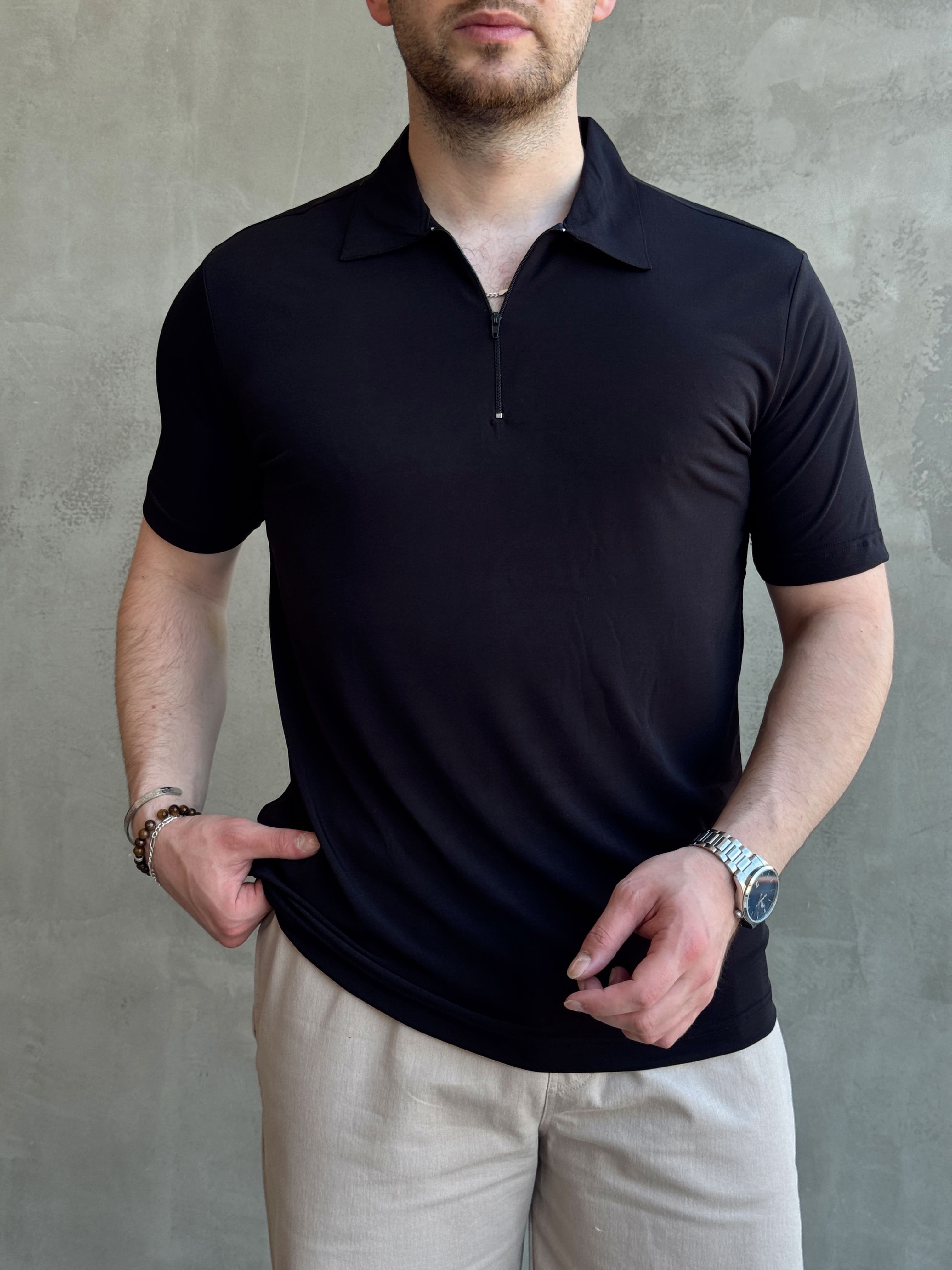 Erkek Zamansız Model Oversize Kalıp Fermuar Detaylı Polo Yaka T-Shirt-Siyah(E1744)Ketench