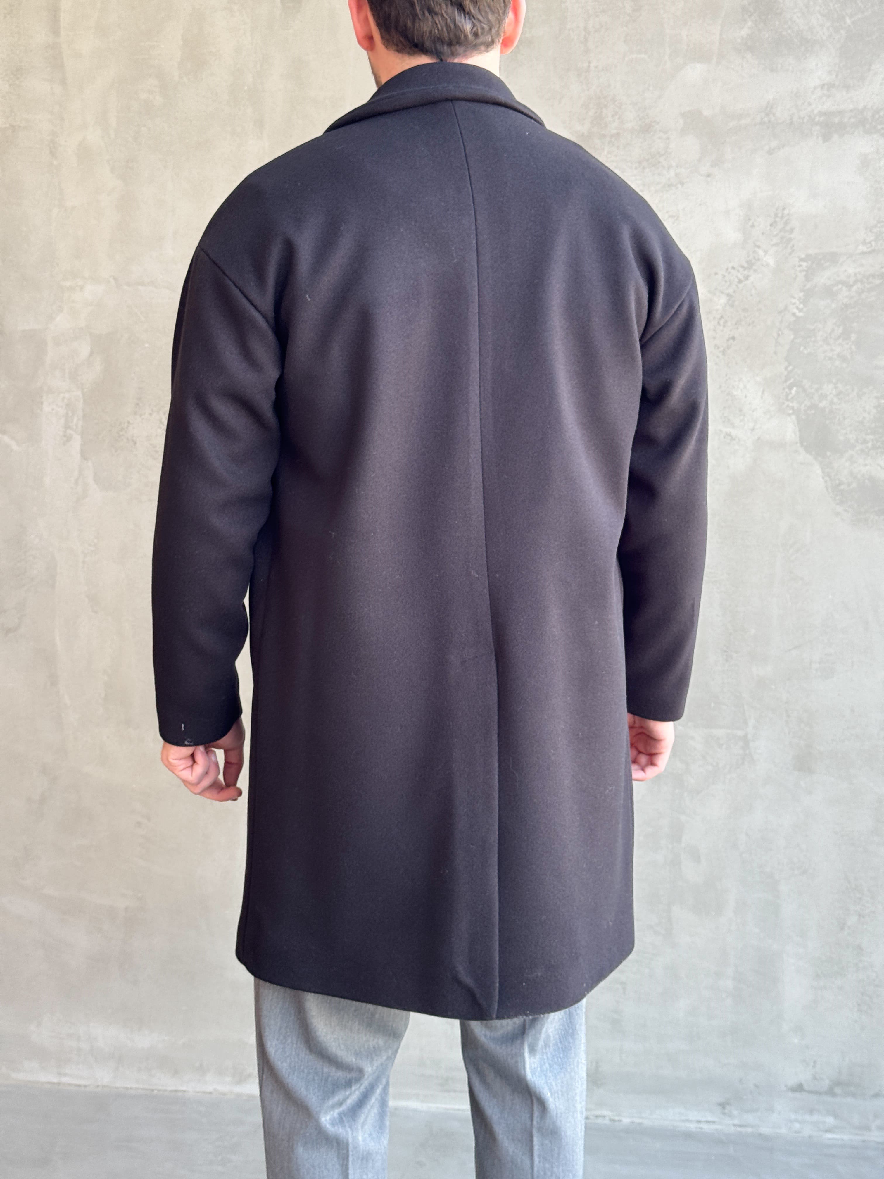 Erkek Zamansız Model Oversize Kalıp Klasik Yaka Uzun Kaşe Kaban-Siyah(E1879)