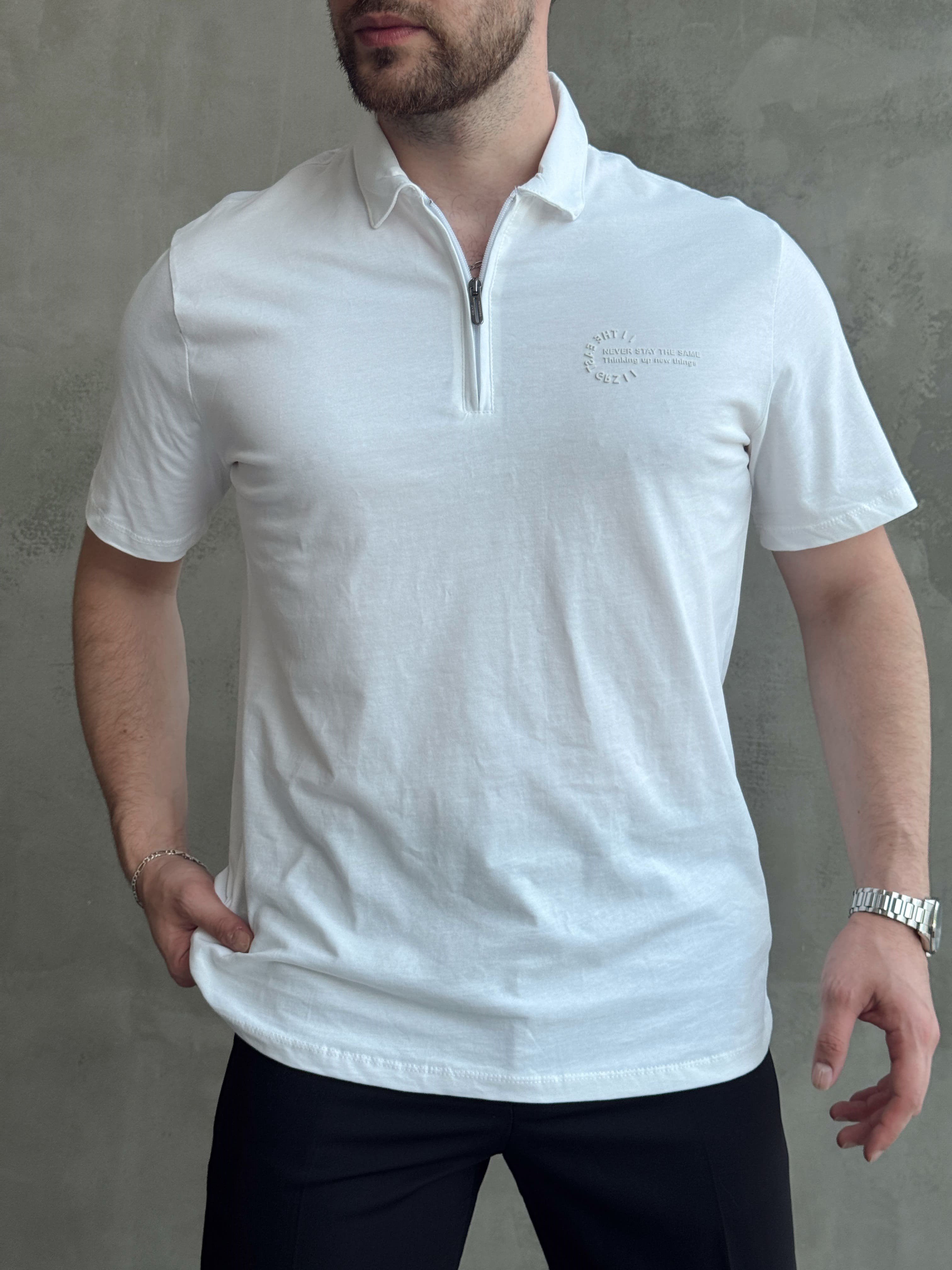 Erkek Zamansız Model Regular Kalıp Fermuar Detaylı T-Shirt-Beyaz(E1784)