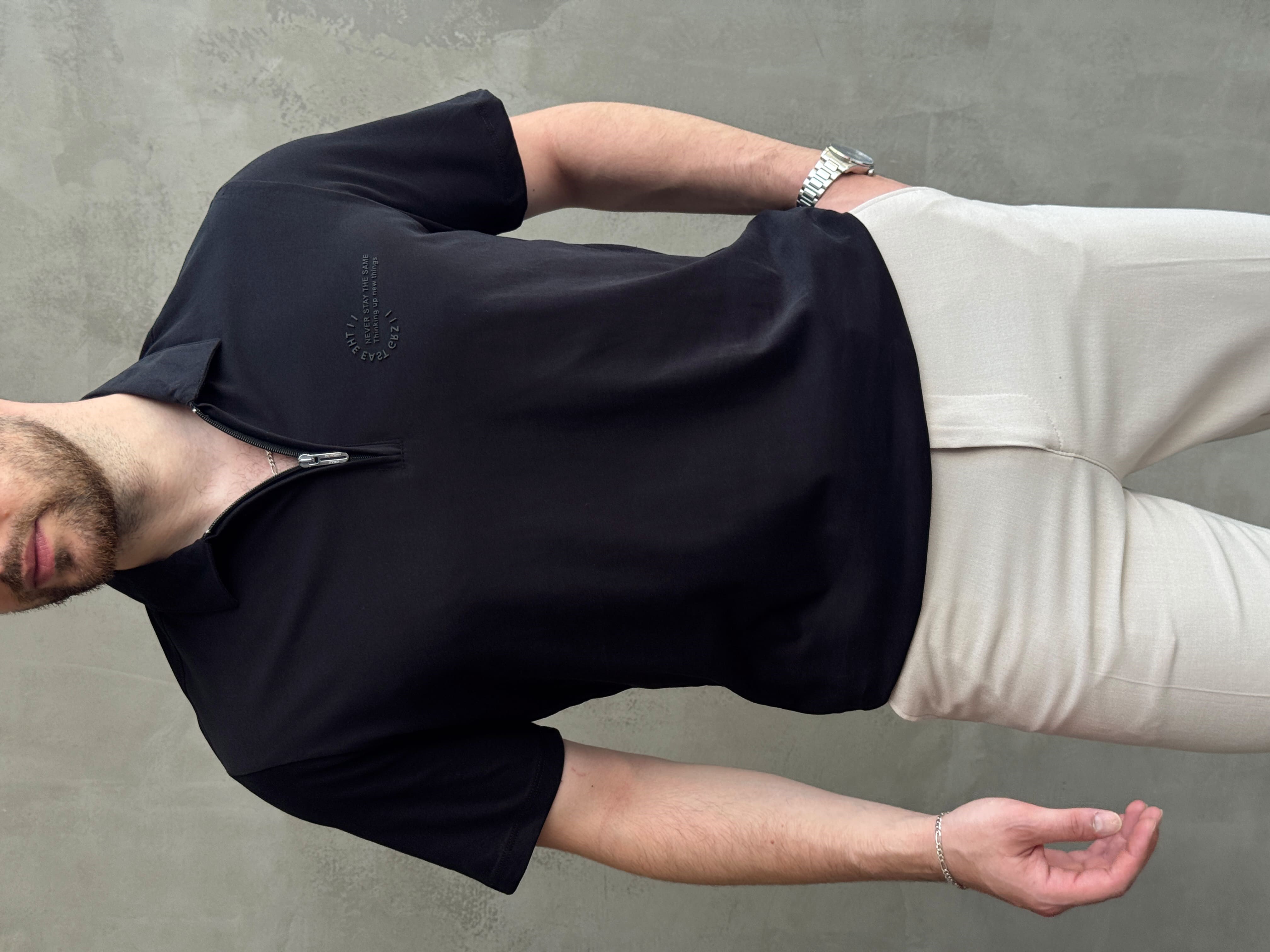 Erkek Zamansız Model Regular Kalıp Fermuar Detaylı T-Shirt-Siyah(E1784)