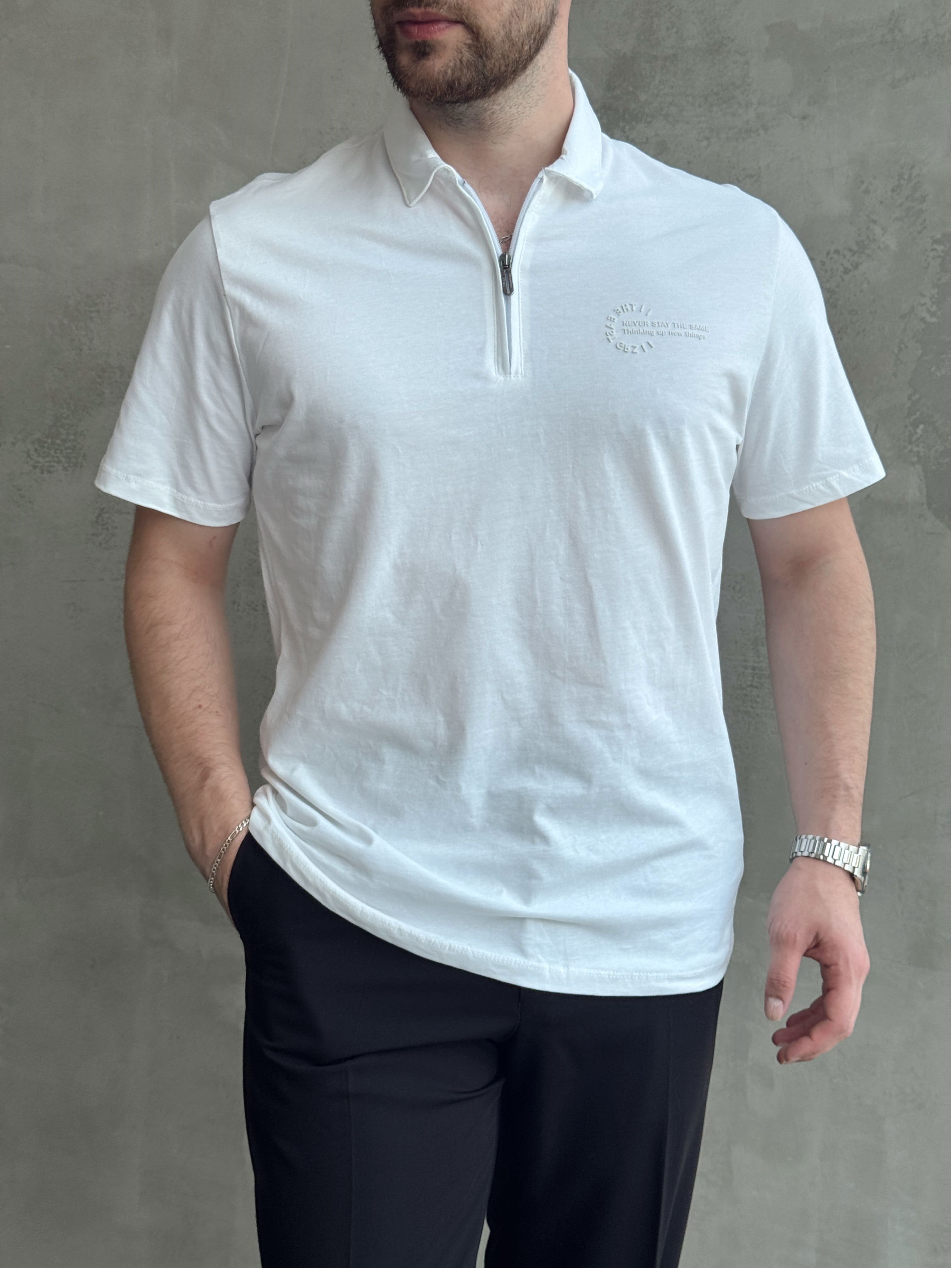Erkek Zamansız Model Regular Kalıp Fermuar Detaylı T-Shirt-Beyaz(E1784)