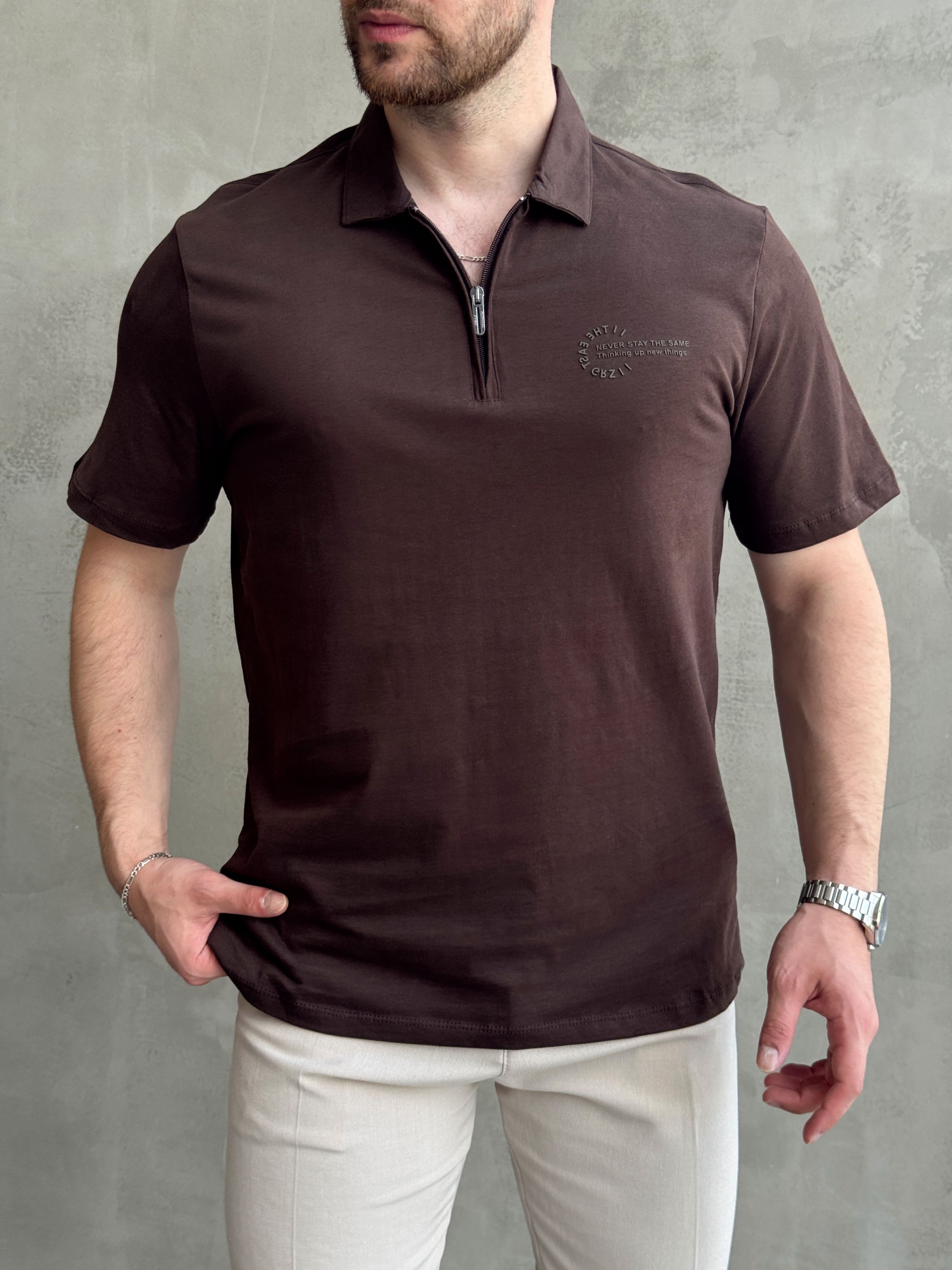 Erkek Zamansız Model Regular Kalıp Fermuar Detaylı T-Shirt-Kahverengi(E1784)