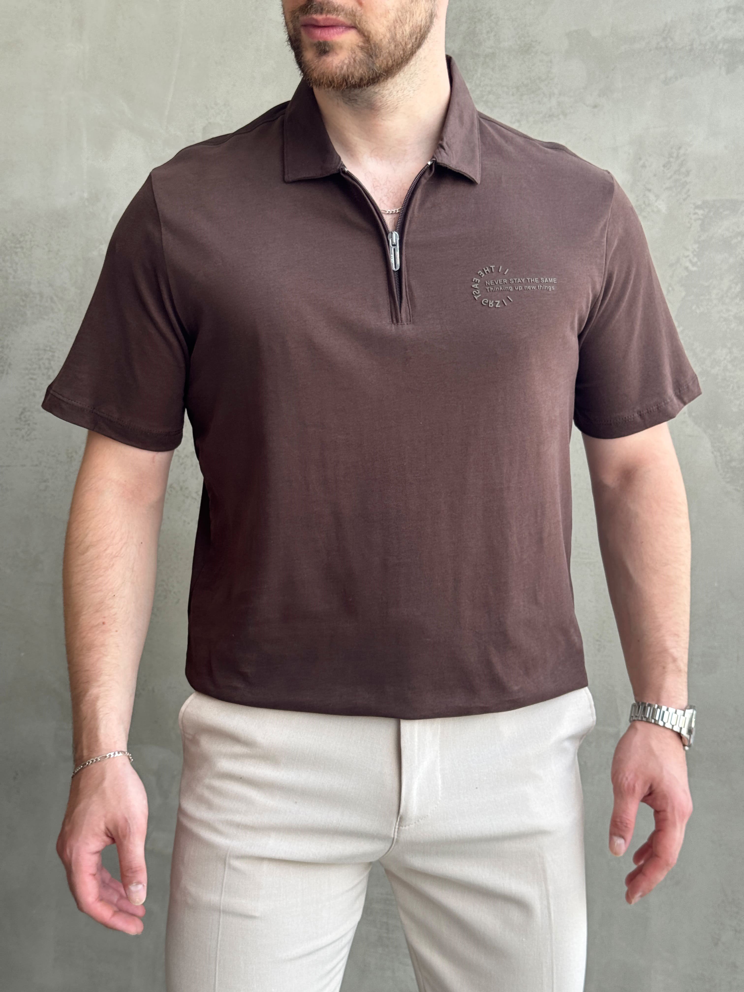 Erkek Zamansız Model Regular Kalıp Fermuar Detaylı T-Shirt-Kahverengi(E1784)
