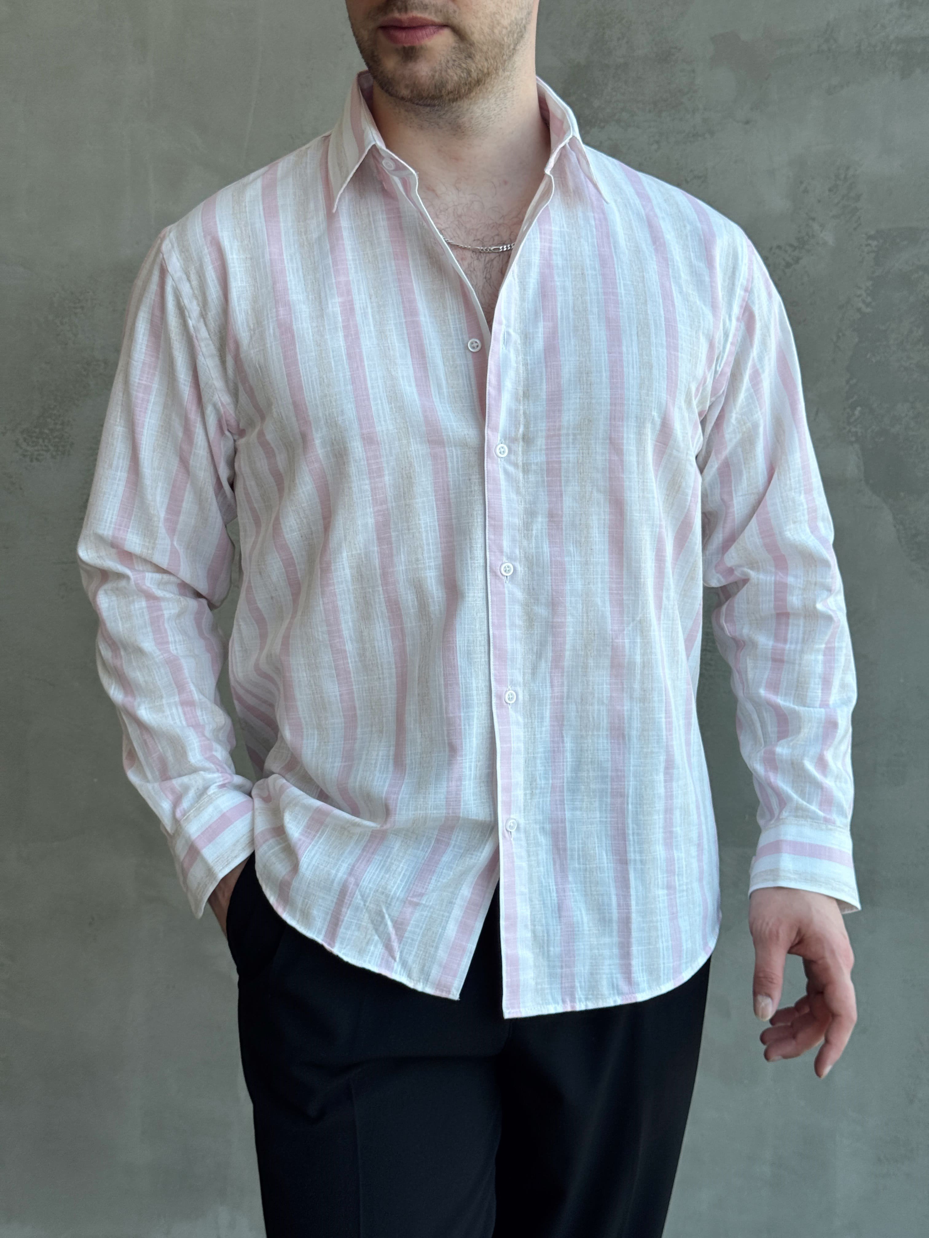 Erkek Zamansız Regular Fit Şerit Detaylı Keten Gömlek-Pembe(E1756)Ketench