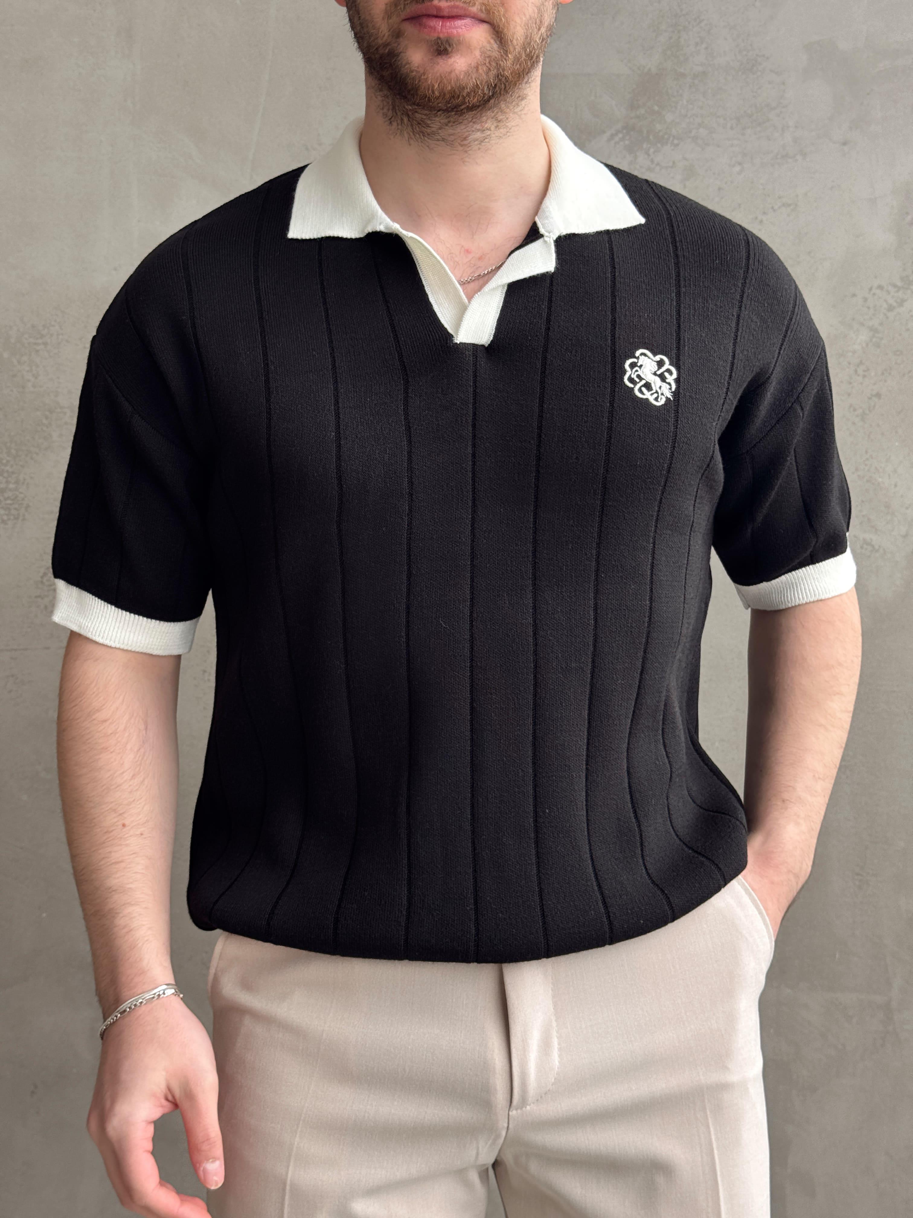 Erkek Zamansız Stil Oversize Kalıp Nakış Detaylı Polo Yaka Triko T-Shirt-Siyah(E1609)Ketench