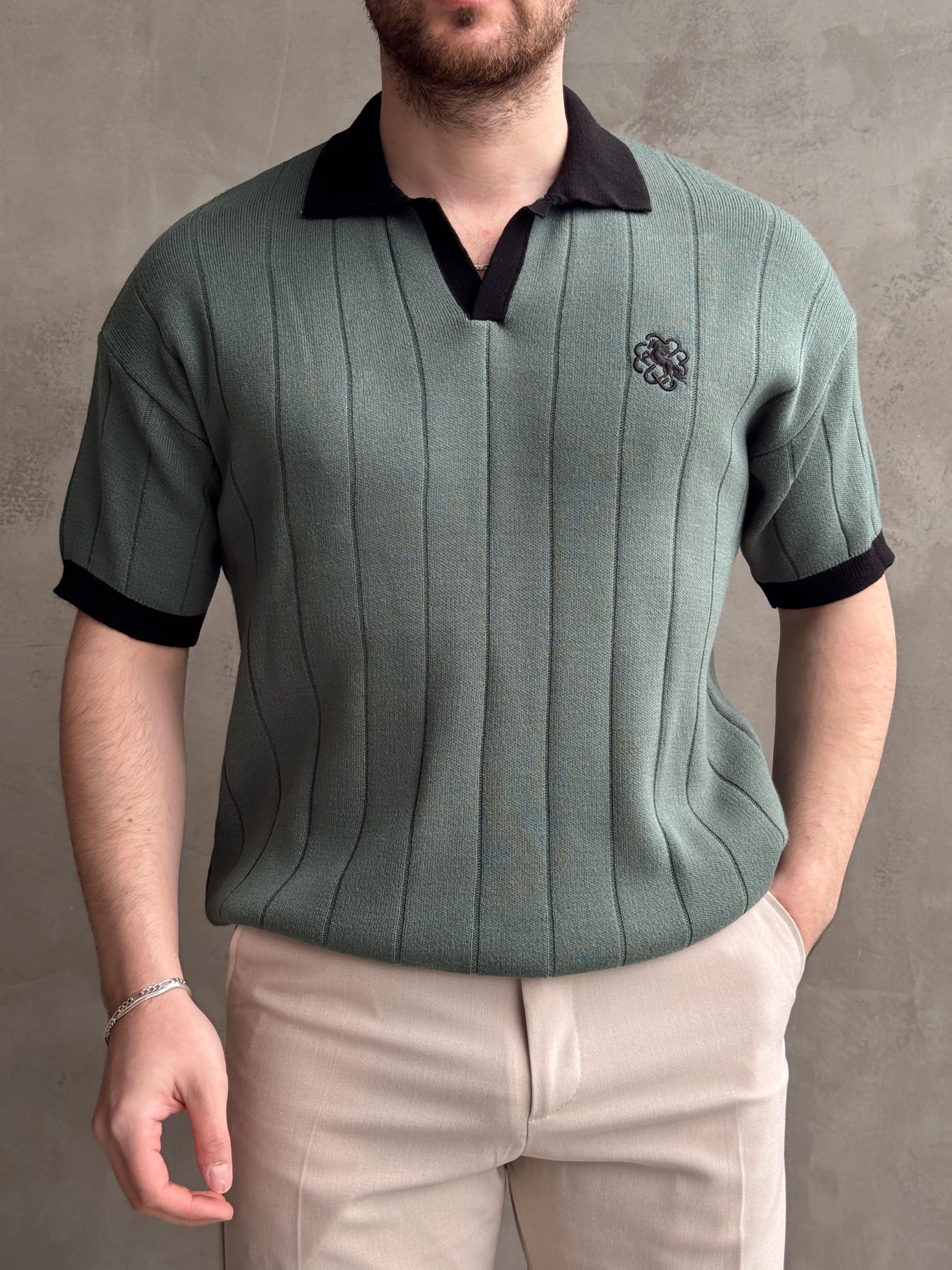 Erkek Zamansız Stil Oversize Kalıp Nakış Detaylı Polo Yaka Triko T-Shirt-Yeşil(E1609)Ketench
