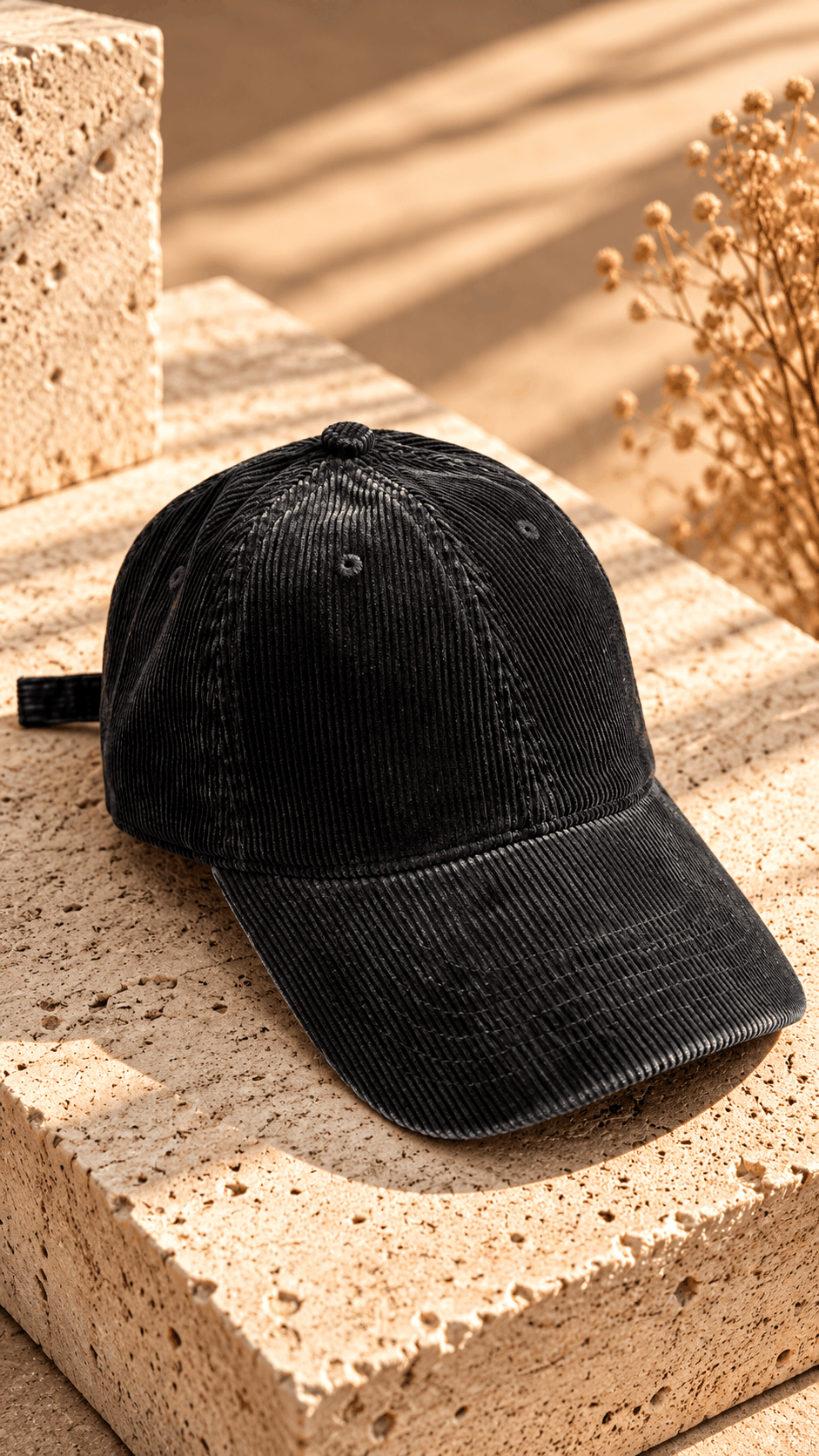 Unisex Premium Vintage Yıkamalı Fitilli Kadife Şapka-Siyah(E1902)Ketench