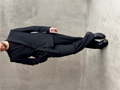 Erkek Business Collection Oversize Kalıp Kuşak Detaylı Kruvaze Model Takım Elbise-Siyah(E1896)