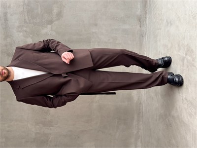 Erkek Business Collection Oversize Kalıp Kuşak Detaylı Kruvaze Model Takım Elbise-Kahverengi(E1896)