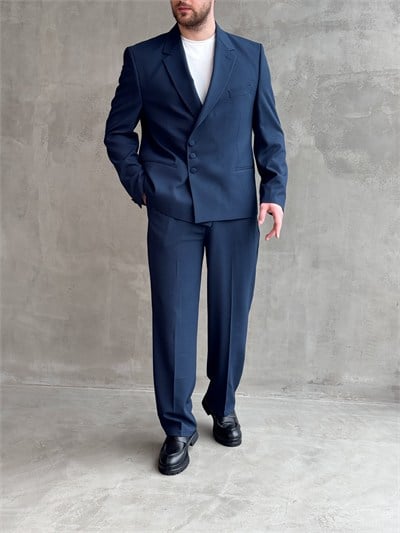 Erkek Business Collection Oversize Kalıp Düğme Detaylı Kruvaze Model Takım Elbise-Lacivert(E1897)
