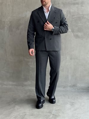 Erkek Business Collection Oversize Kalıp Kruvaze Model Çizgili Takım Elbise-Füme(E1787)