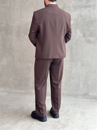 Erkek Business Collection Oversize Kalıp Düğme Detaylı Kruvaze Model Takım Elbise-Kahverengi(E1897)