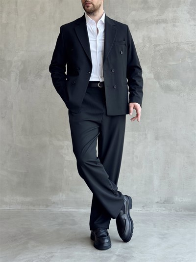 Erkek Business Collection Oversize Kalıp Kruvaze Model Takım Elbise-Siyah(E1776)