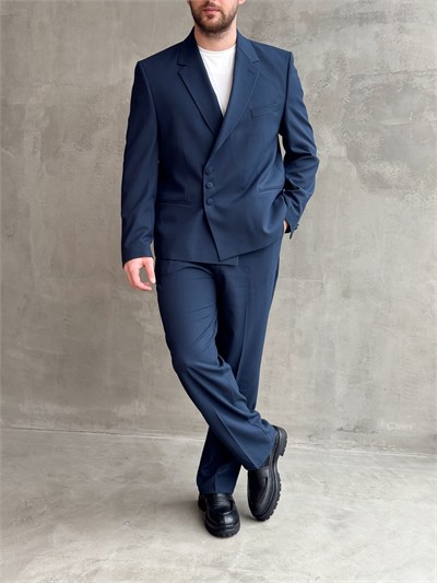 Erkek Business Collection Oversize Kalıp Düğme Detaylı Kruvaze Model Takım Elbise-Lacivert(E1897)