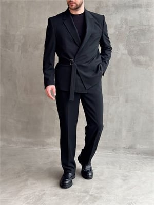 Erkek Business Collection Oversize Kalıp Kuşak Detaylı Kruvaze Model Takım Elbise-Siyah(E1896)