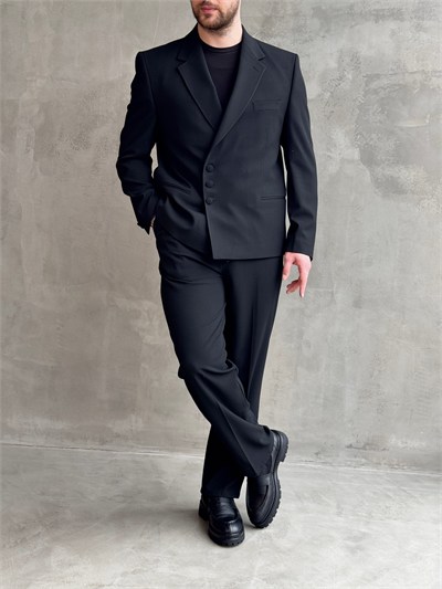 Erkek Business Collection Oversize Kalıp Düğme Detaylı Kruvaze Model Takım Elbise-Siyah(E1897)