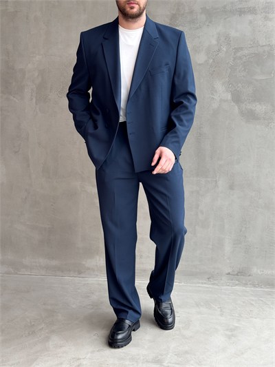 Erkek Business Collection Oversize Kalıp Düğme Detaylı Kruvaze Model Takım Elbise-Lacivert(E1897)