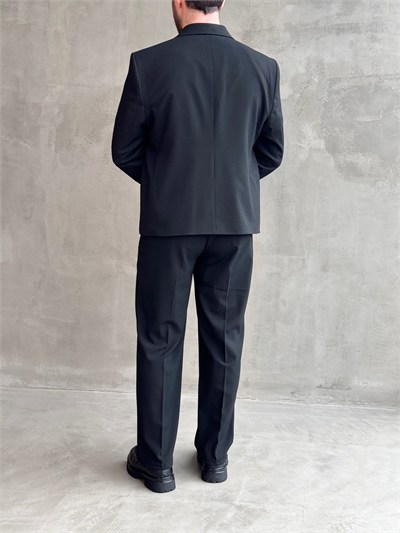 Erkek Business Collection Oversize Kalıp Düğme Detaylı Kruvaze Model Takım Elbise-Siyah(E1897)
