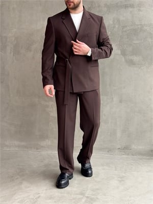 Erkek Business Collection Oversize Kalıp Kuşak Detaylı Kruvaze Model Takım Elbise-Kahverengi(E1896)