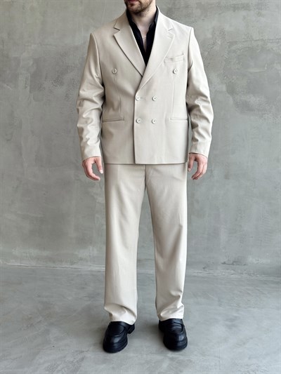 Erkek Business Collection Oversize Kalıp Kruvaze Model Takım Elbise-Bej(E1776)