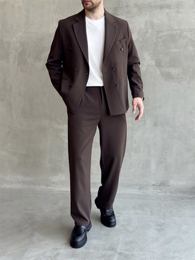Erkek Business Collection Oversize Kalıp Kruvaze Model Takım Elbise-Kahverengi(E1776)Ketench